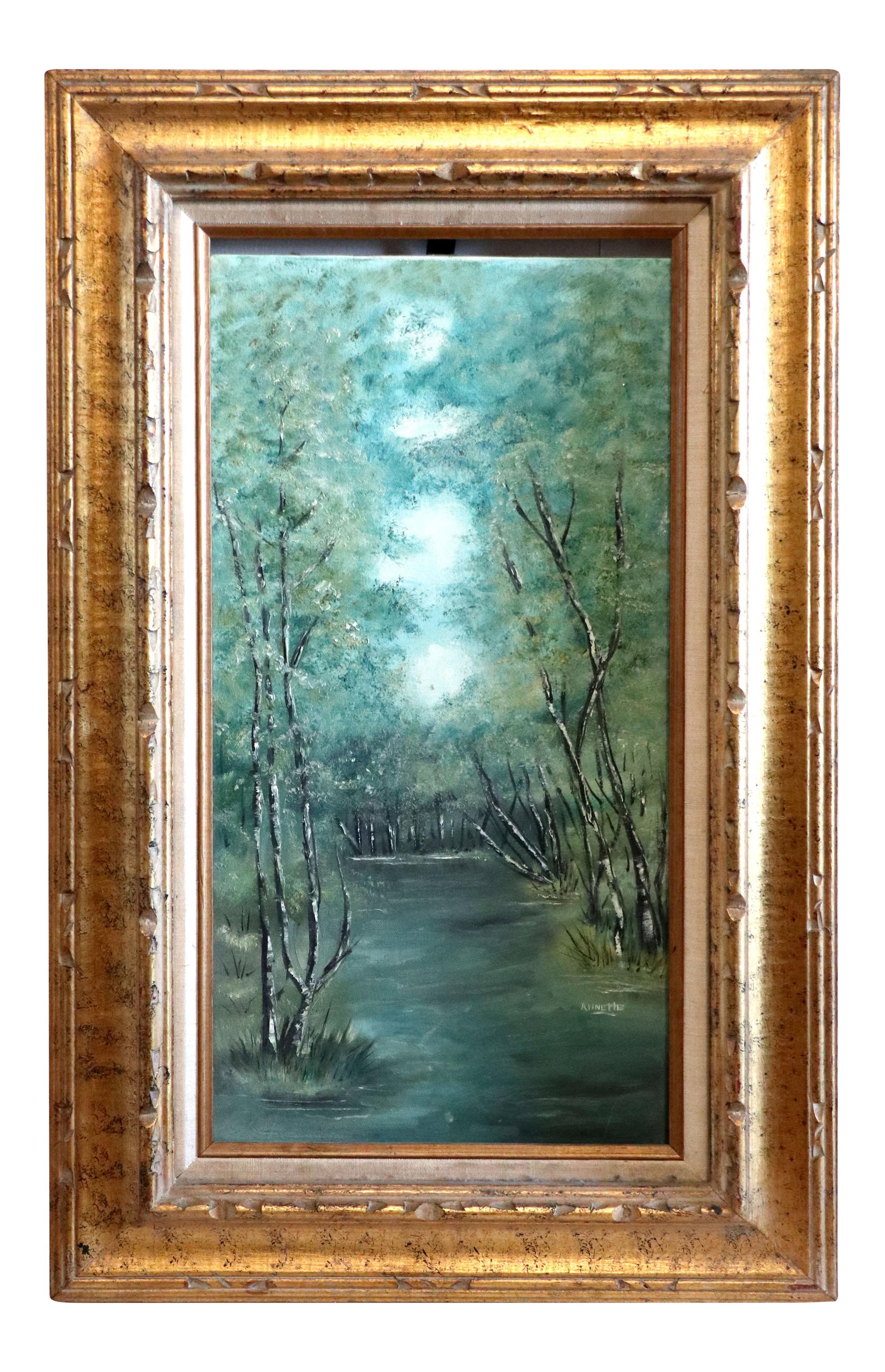 British Listed Artist, Emerald Green Vertical Landscape, by Anette Elias, Oil on Canvas: This deep green vertical landscape painting gives the impression you are in a wooded area with an impressionistic feel. The gilt wood frame is beautiful, but the setting needs some attention. It measu