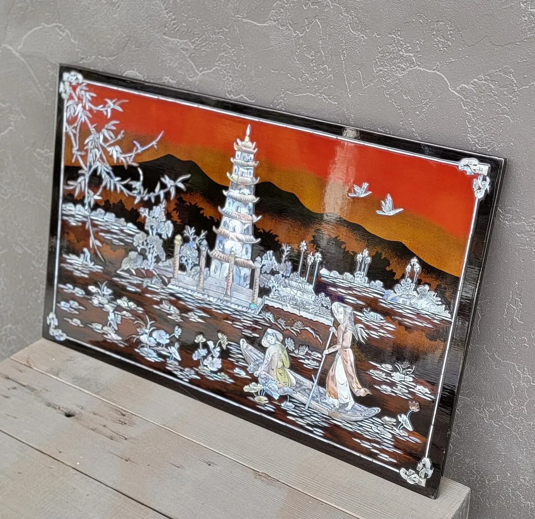 Wall Plaque Pagoda With Mother of Pearl & Lacquer Vietnamese 1970's - 2