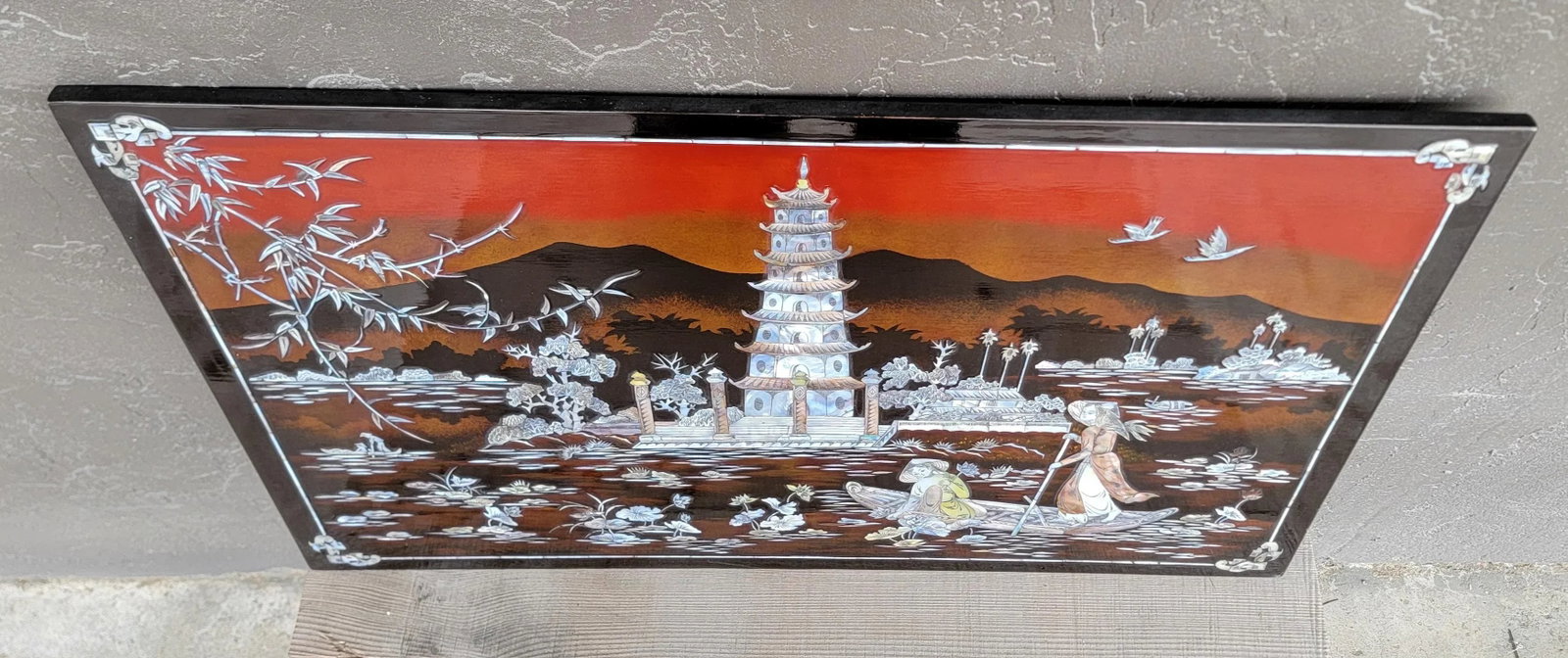 Wall Plaque Pagoda With Mother of Pearl & Lacquer Vietnamese 1970's - 6