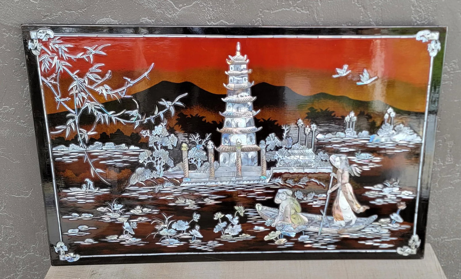 Wall Plaque Pagoda With Mother of Pearl & Lacquer Vietnamese 1970's - 8