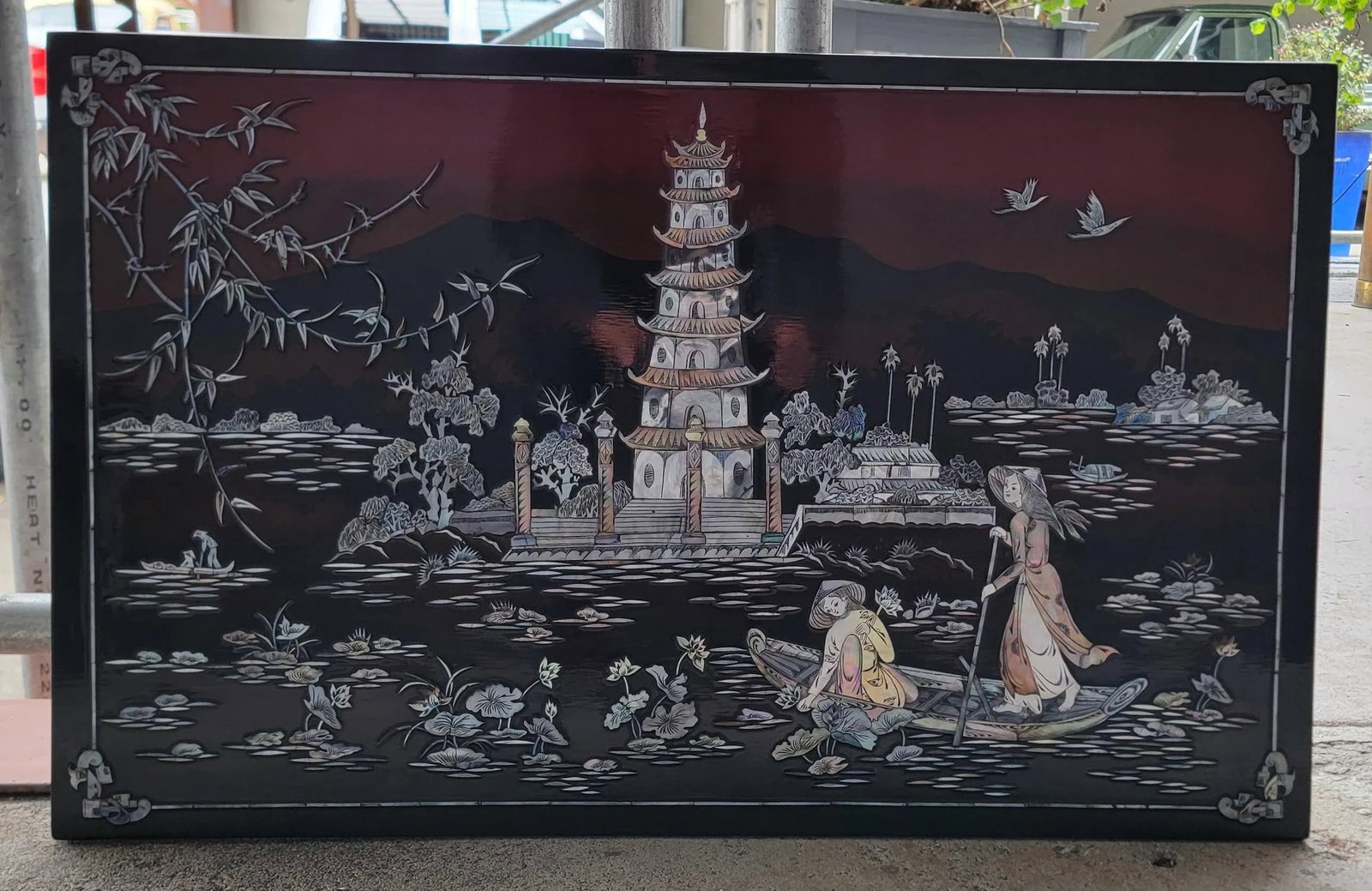 Wall Plaque Pagoda With Mother of Pearl & Lacquer Vietnamese 1970's - 9