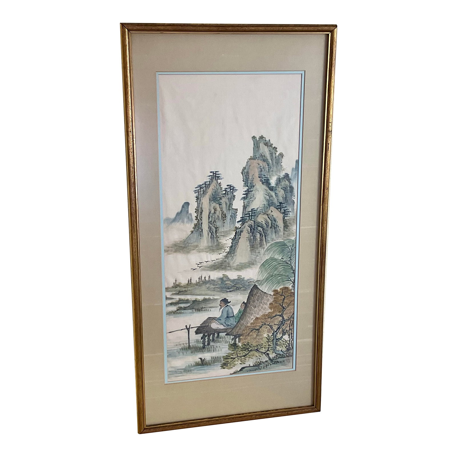 Early 20th Century Traditional Chinese Watercolor Landscape Painting on Silk - Framed: This is a nice size traditional Chinese landscape painting on silk that is absolutely beautiful. It does have artist red stamps placed at the bottom right hand side. It is framed with a wood, gold ton