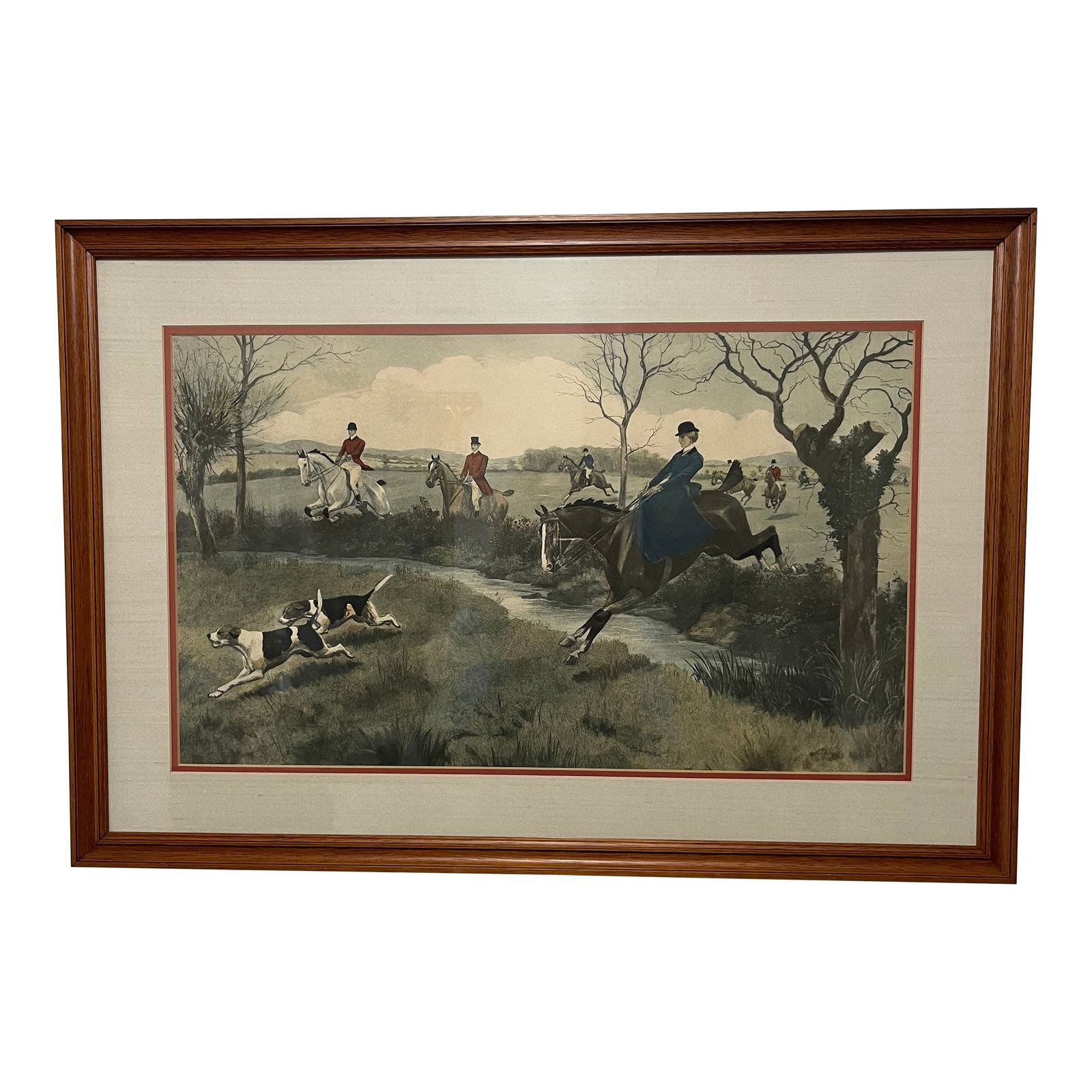 Mid 20th Century Fox Hunt Lithograph Hand Colored Art: Beautiful hand colored litho with an interesting lively scene. The piece has been custom framed so I am unable to determine signatures or specific age. Condition: Alterations: Original Condition