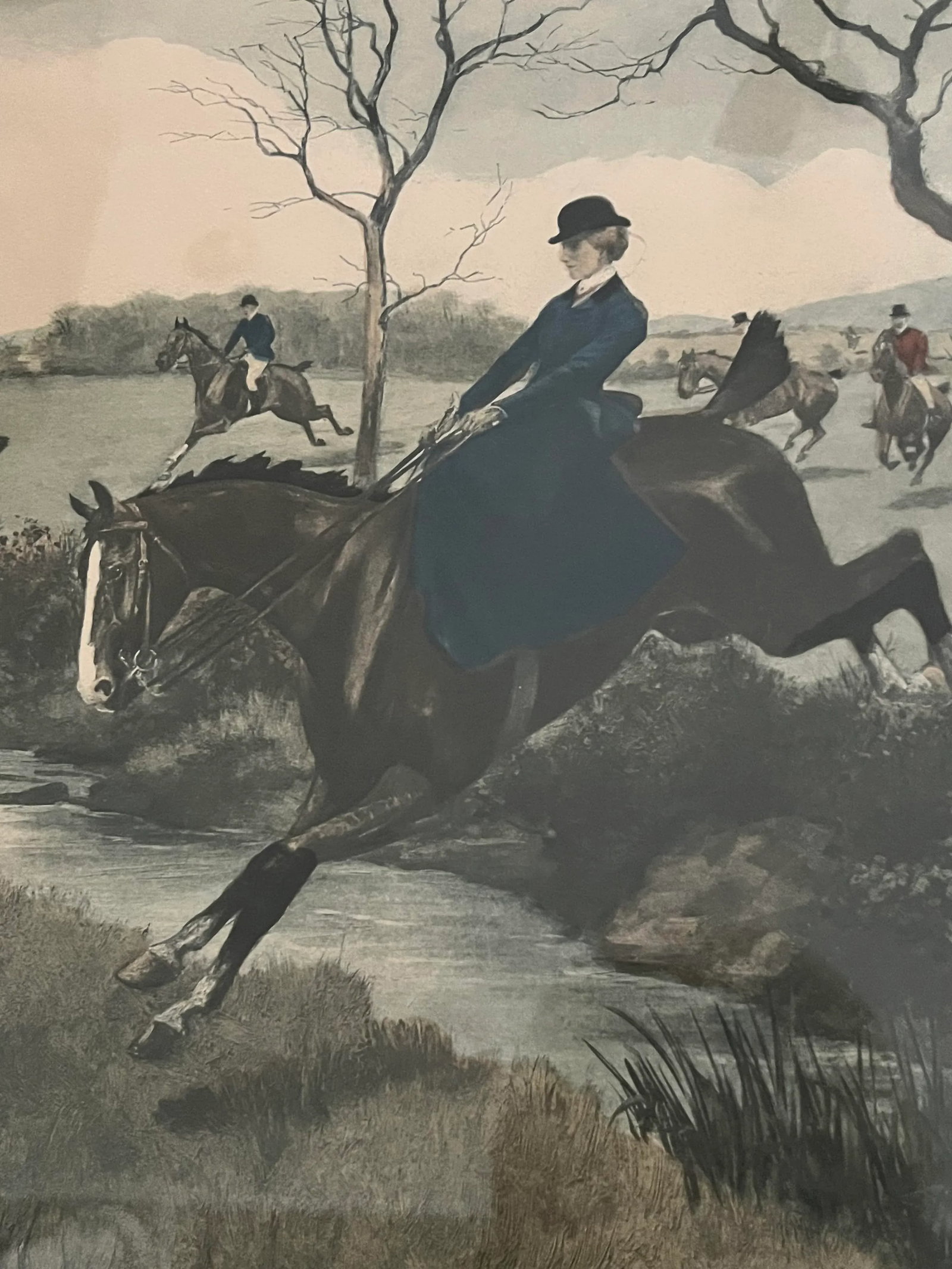 Mid 20th Century Fox Hunt Lithograph Hand Colored Art - 3