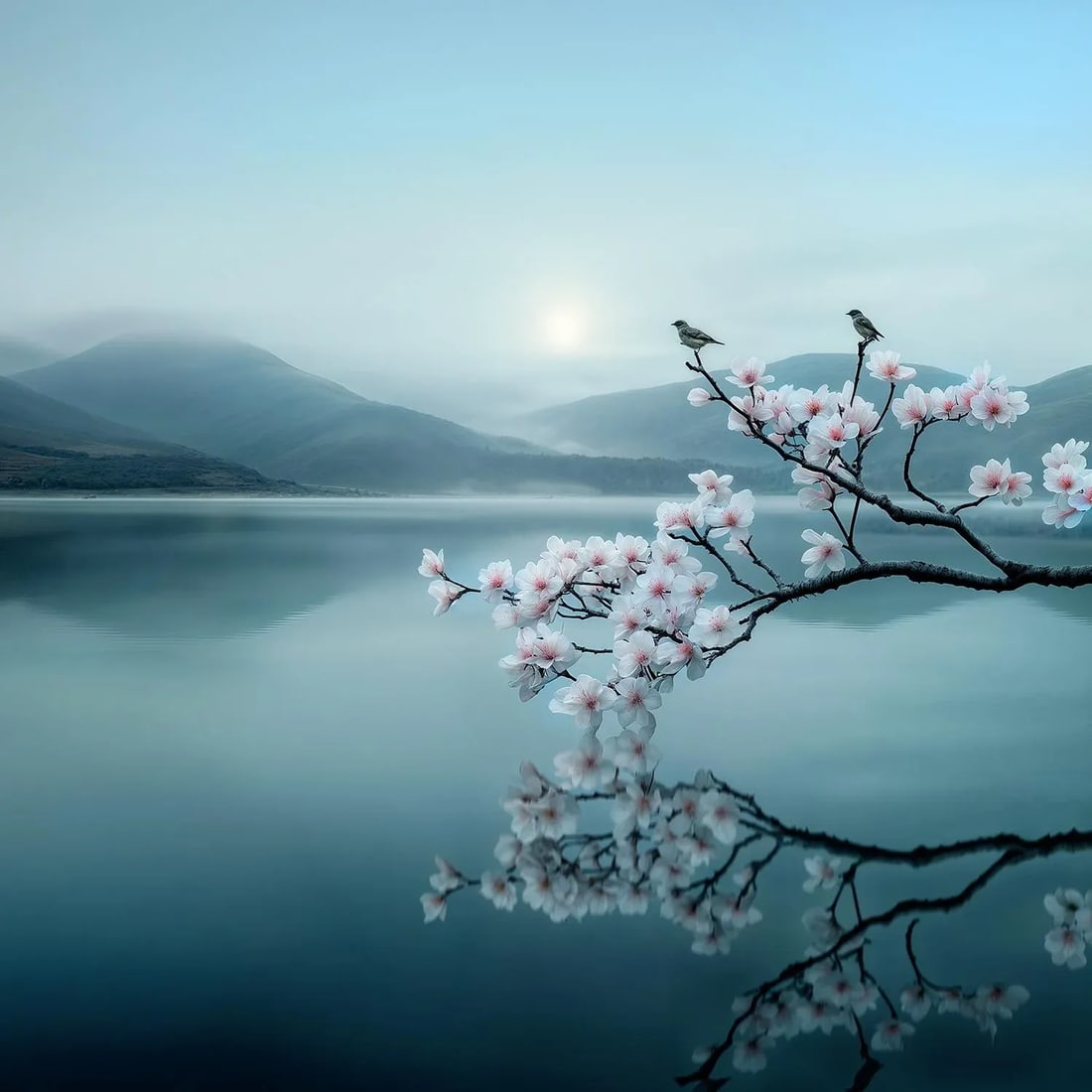 Cherry Blossom 15, Contemporary Landscape Photograph: Landscape photograph of a beautiful Cherry Blossom Tree and serene blue lake and mountains in the background. Printed on 300gsm Archival Fine Art Paper. Condition: Imperfections: No Imperfections