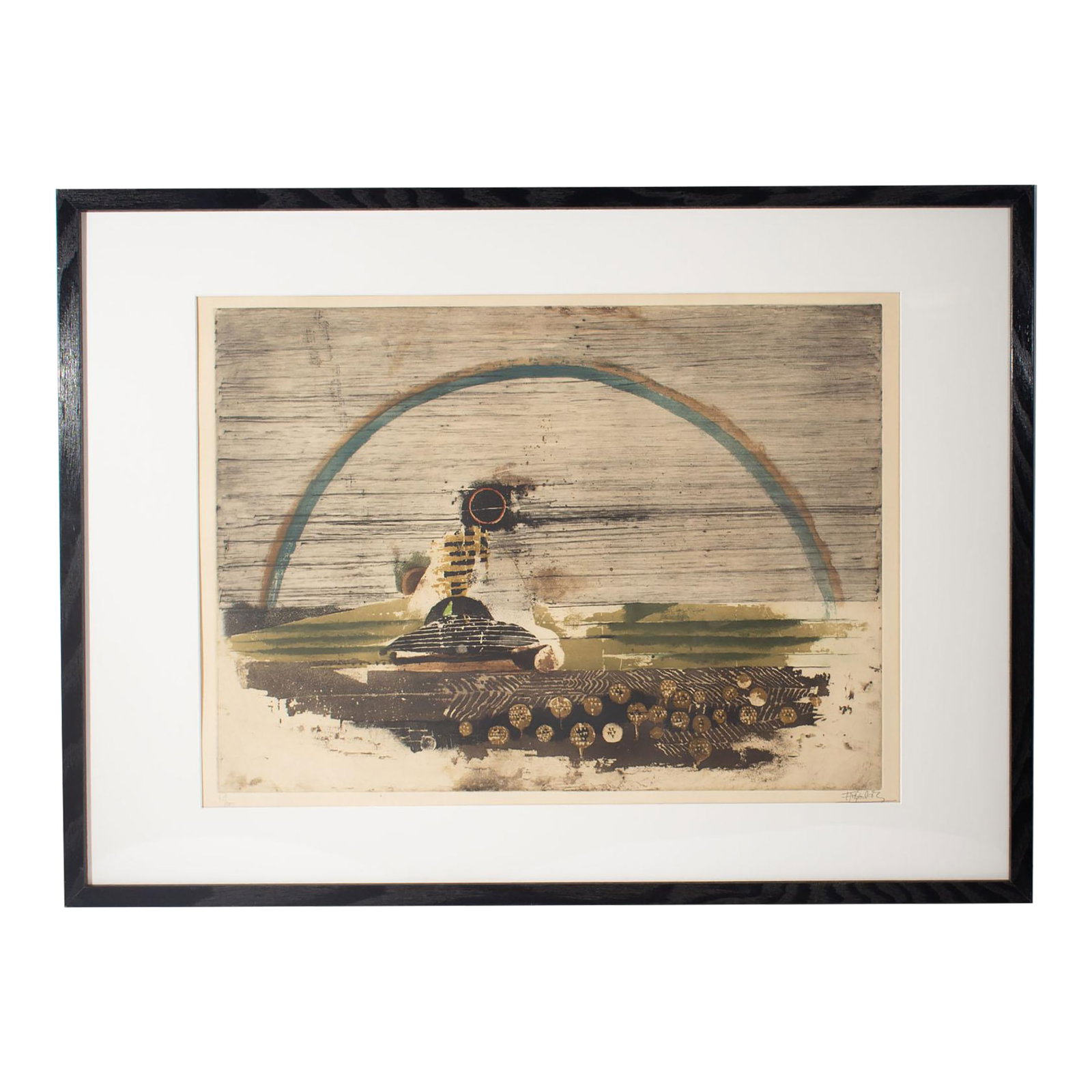 Etching Aquatint Print by Johnny Friedlaender: An etching with aquatint by the German artist Johnny Friedlaender (1912-1992). This abstract work depicts an abstracted landscape with a field of flowers and a rainbow curving over what could either b