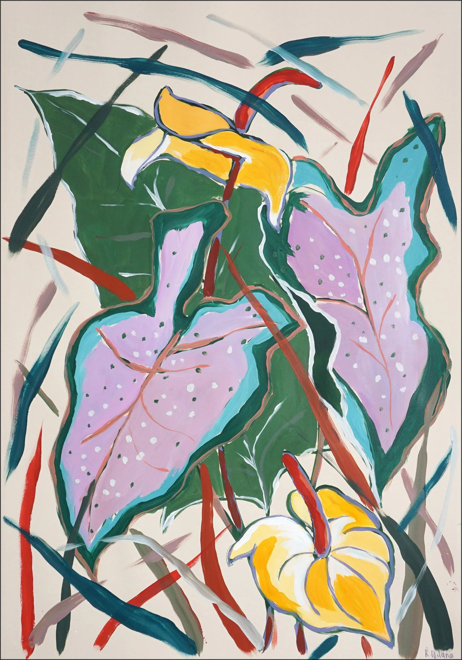 2025, Botanic Painting of Pink Elephant Ear Leaves, Acrylic Painting and Oil Crayon on Watercolor Pa: This illustration-style painting captures the lush elegance of pink elephant ear leaves, their broad, heart-shaped forms unfurling in delicate gradients of blush, rose, and soft magenta. Romina Milano