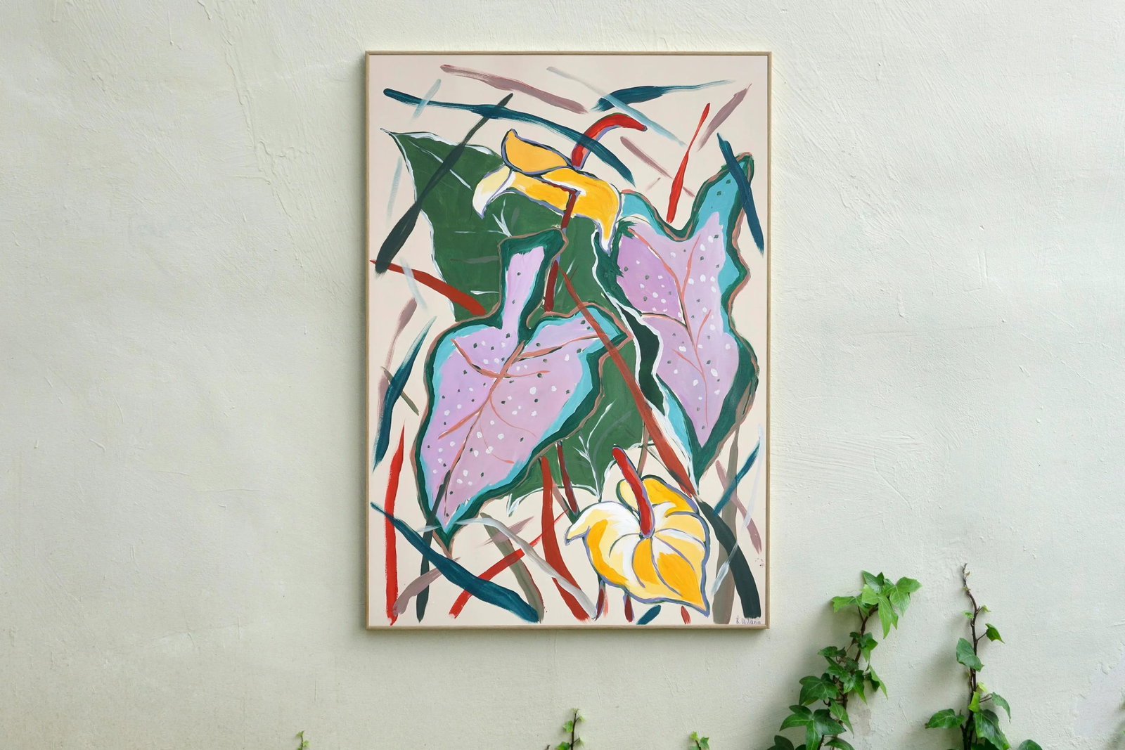 2025, Botanic Painting of Pink Elephant Ear Leaves, Acrylic Painting and Oil Crayon on Watercolor Pa - 2