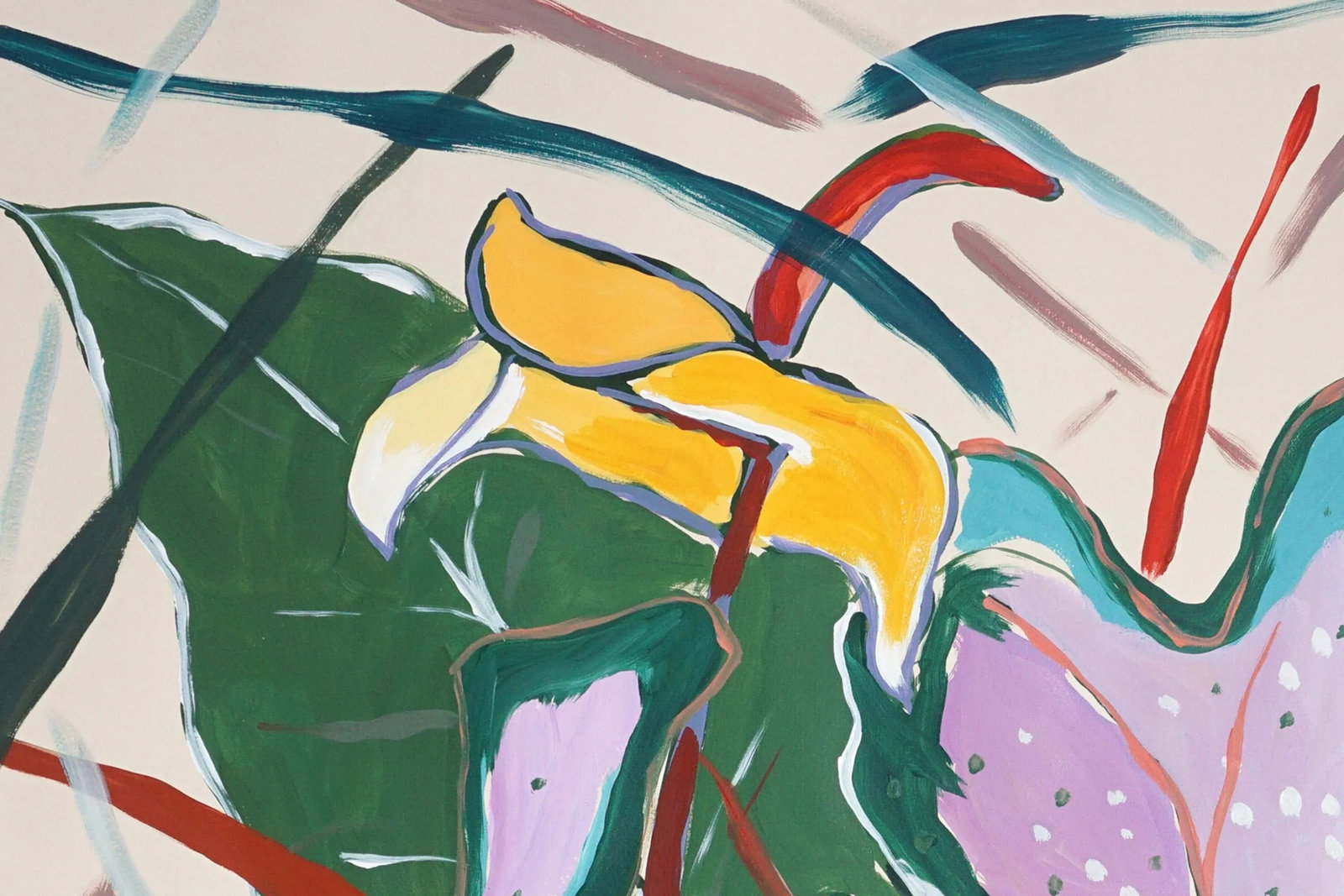 2025, Botanic Painting of Pink Elephant Ear Leaves, Acrylic Painting and Oil Crayon on Watercolor Pa - 3