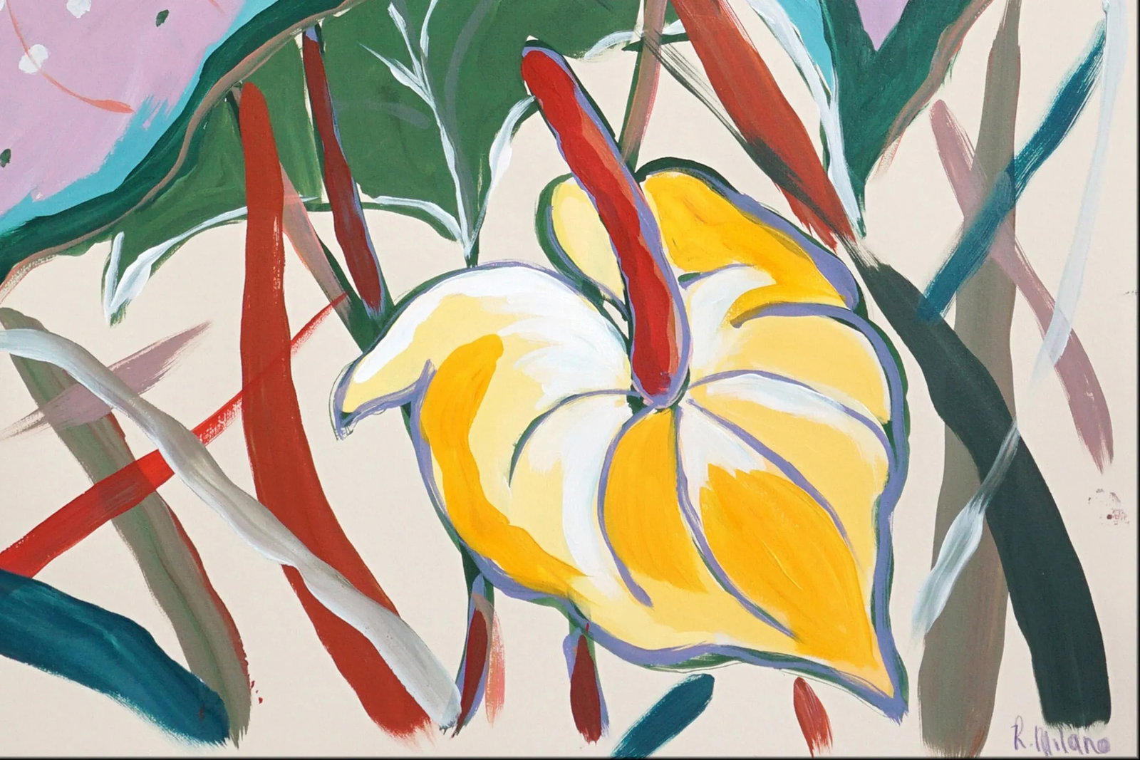 2025, Botanic Painting of Pink Elephant Ear Leaves, Acrylic Painting and Oil Crayon on Watercolor Pa - 5