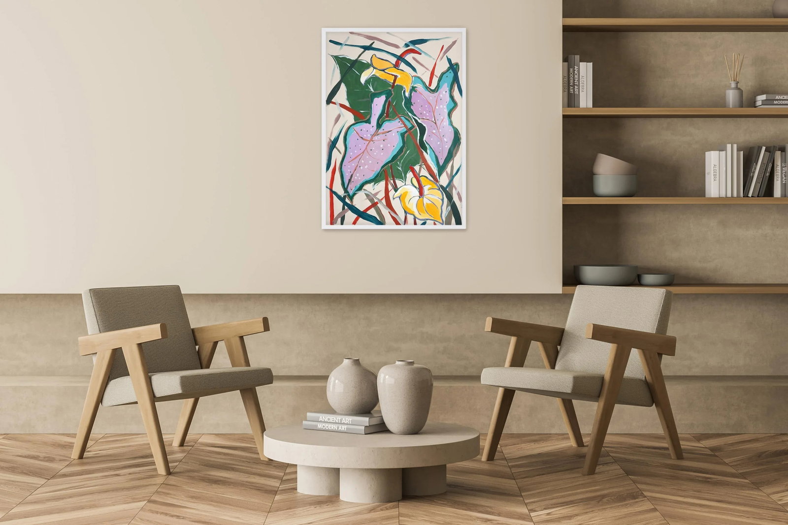 2025, Botanic Painting of Pink Elephant Ear Leaves, Acrylic Painting and Oil Crayon on Watercolor Pa - 7