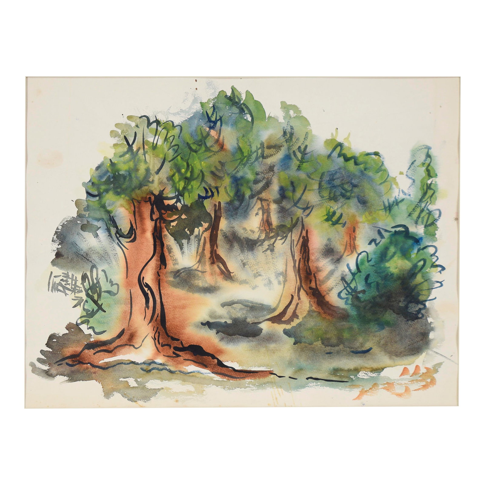 Through the Trees - Original Watercolor on Paper by Bertram Spencer: Through The Trees - Original Watercolor on Paper Original watercolor painting depicting a grove of vibrant green trees by Bertram Spencer (American, 1918-1992). Presented in a light green mat. Mat: 24