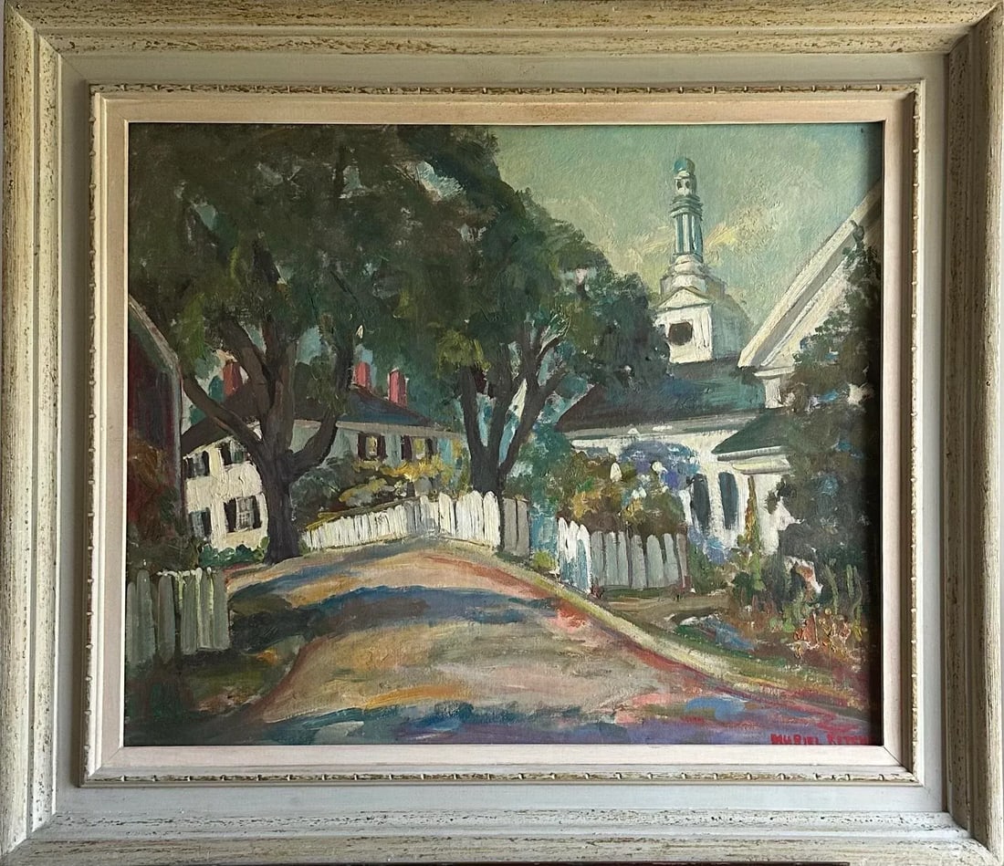 Painting by Muriel Ritchie, First Congregational Church, Massachusetts , 30"x26" Framed: Oil on canvas board. Signed lower right. Subject: First Congregational Church - Rockport Massachusetts (painting from Jewett Street, Reverend Jewett house on left.) Painter: Muriel Ritchie Born: 1904