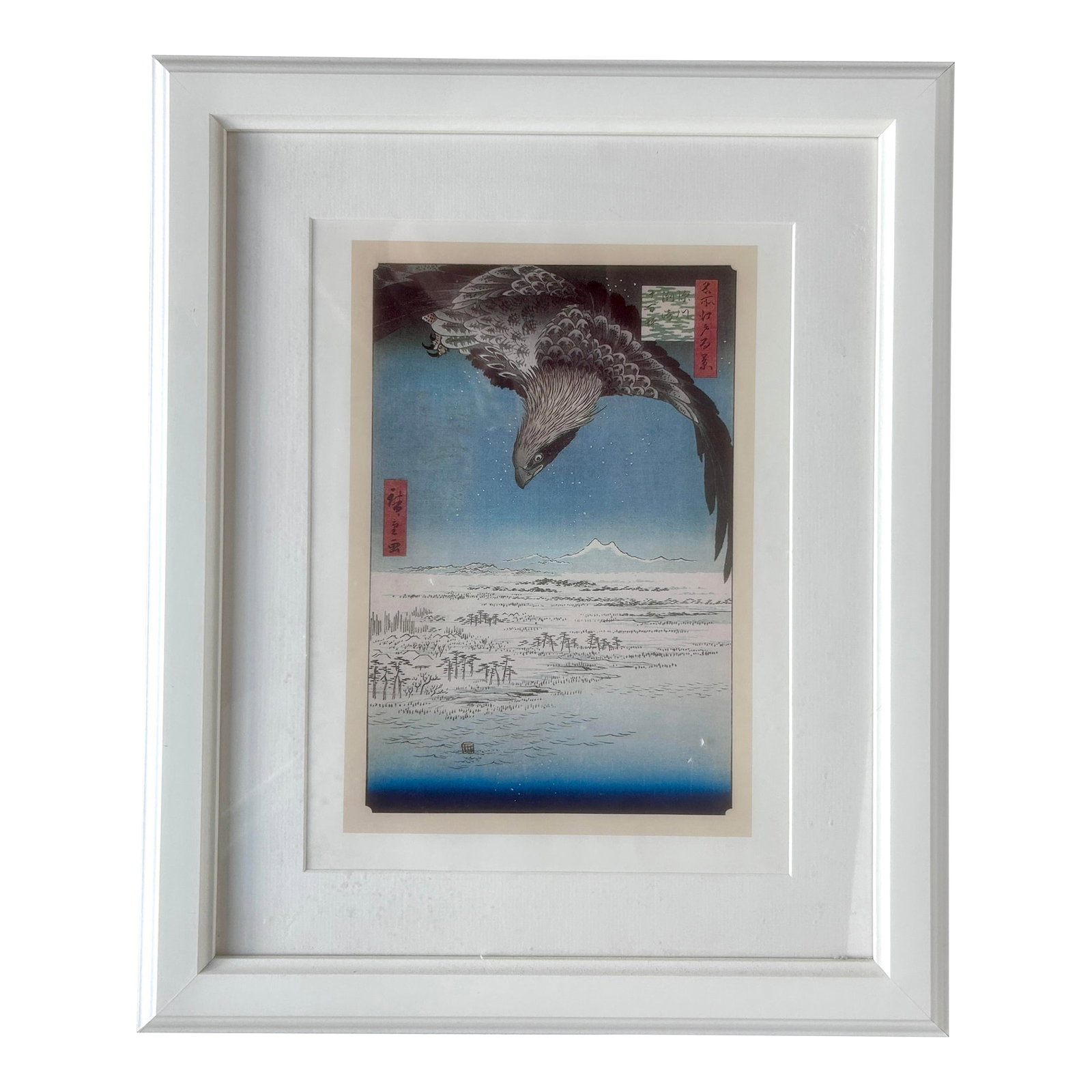 Vintage Japanese Utagawa Hiroshige Wood Block Print, Framed: Vintage Japanese Wood Block reproduction of Utagawa Hiroshige (Japanese, 1797-1858) "Fukagawa Susaki Jumantsubo," Print. Print featires a hawk flying above and looking down on snowy landscape below