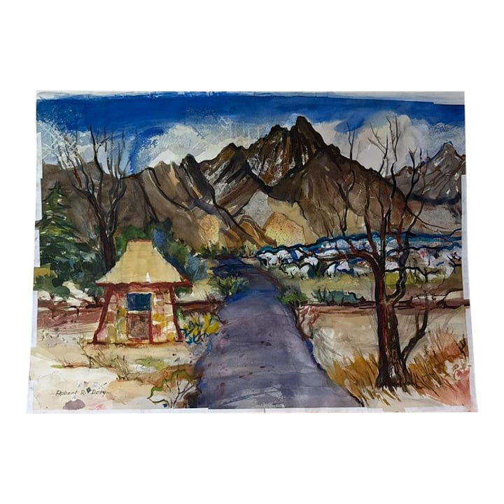 Robert R. Doty Original Art Watercolor Mixed Media: Title: Manzanar National Historic Site Artist: Robert R. Doty (1933-2012) Medium: Mixed Media Watercolor Collage on Paper Dimensions: 21 x 29 inch Description: This evocative mixed media watercolor by