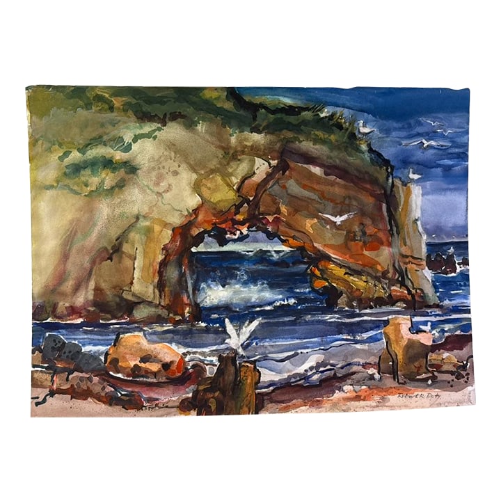 1990s Robert R. Doty Original Watercolor Mixed Media: Arch at Shelter Cove" Original Watercolor & Mixed Media on Paper Artist: Robert R. Doty Dimensions: 30 x 22 inches A one-of-a-kind expressive coastal landscape featuring the iconic rock arch at Shelte