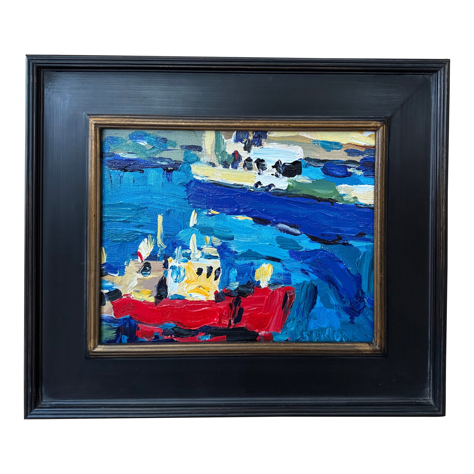 "Red Boat" by Brian Simons, Oil on Canvas Painting, Framed: Brian Simons is a Canadian artist, largely self-taught, who pursued a career in mechanical engineering and segued to paintings as he neared an early retirement. Now he not only paints, he also