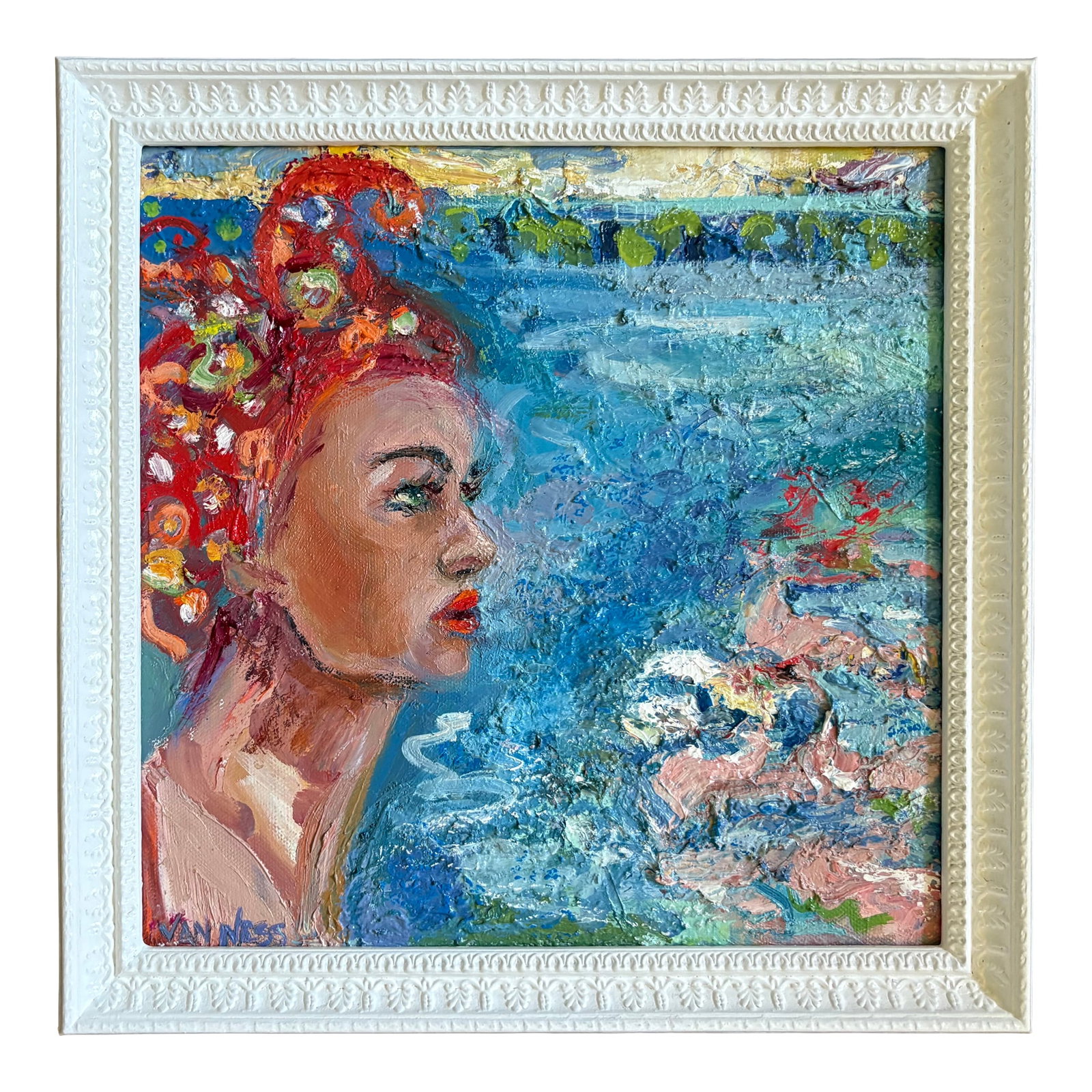 Bathing Beauty, Original Oil Paintings, by Van Ness: A woman by the pool, reflects on a past memory, reflecting in the pool. A fun red bandana sits atop her head. Van Ness Artist Statement I am an American oil painter, painting figures, animals and