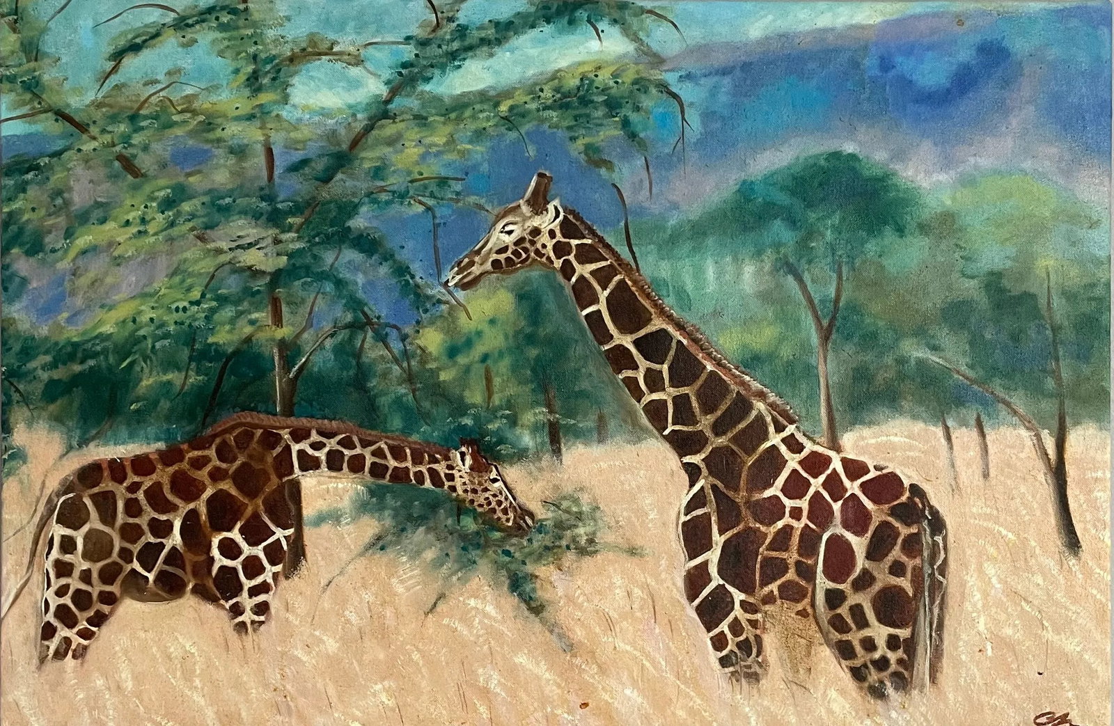 1980s Giraffe Painting by Cathe Hendrick: This is an oil on canvas painting that was painted from a friend's photograph awhile ago. Condition: Imperfections: No Imperfections Condition Notes: not used Origin: United States Materials &
