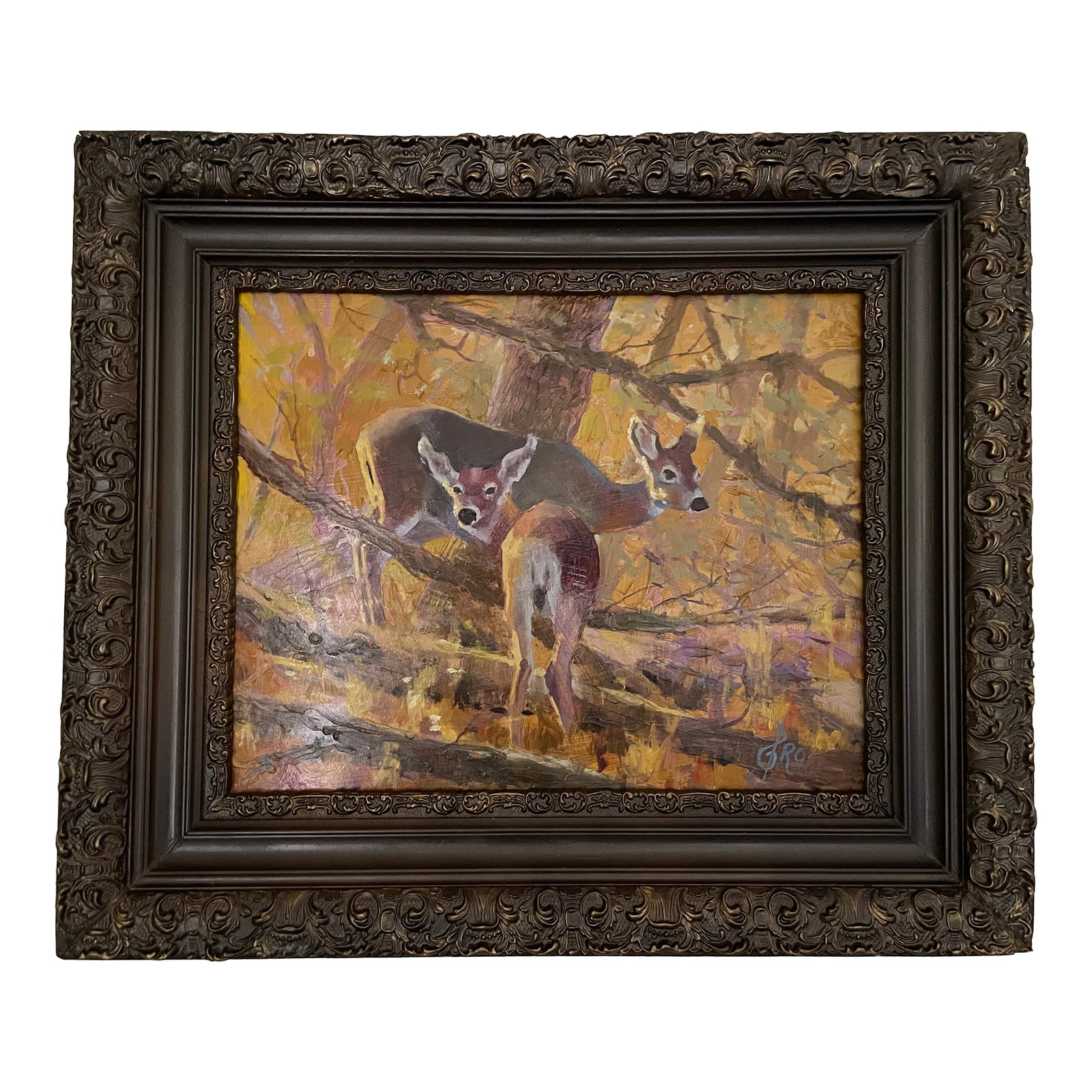Early 20th Century Vintage Signed Doe and Fawn Original Oil Painting, Framed: Perfect for your fall decor: vintage signed oil on panel 16 x 20 impressionist painting that catches the glowing, magical moment of coming upon a woodland doe and fawn in the golden hour. Condition: