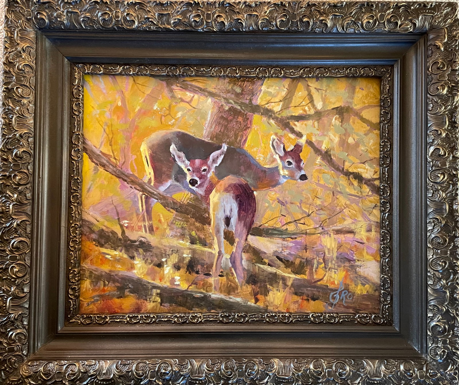 Early 20th Century Vintage Signed Doe and Fawn Original Oil Painting, Framed - 2
