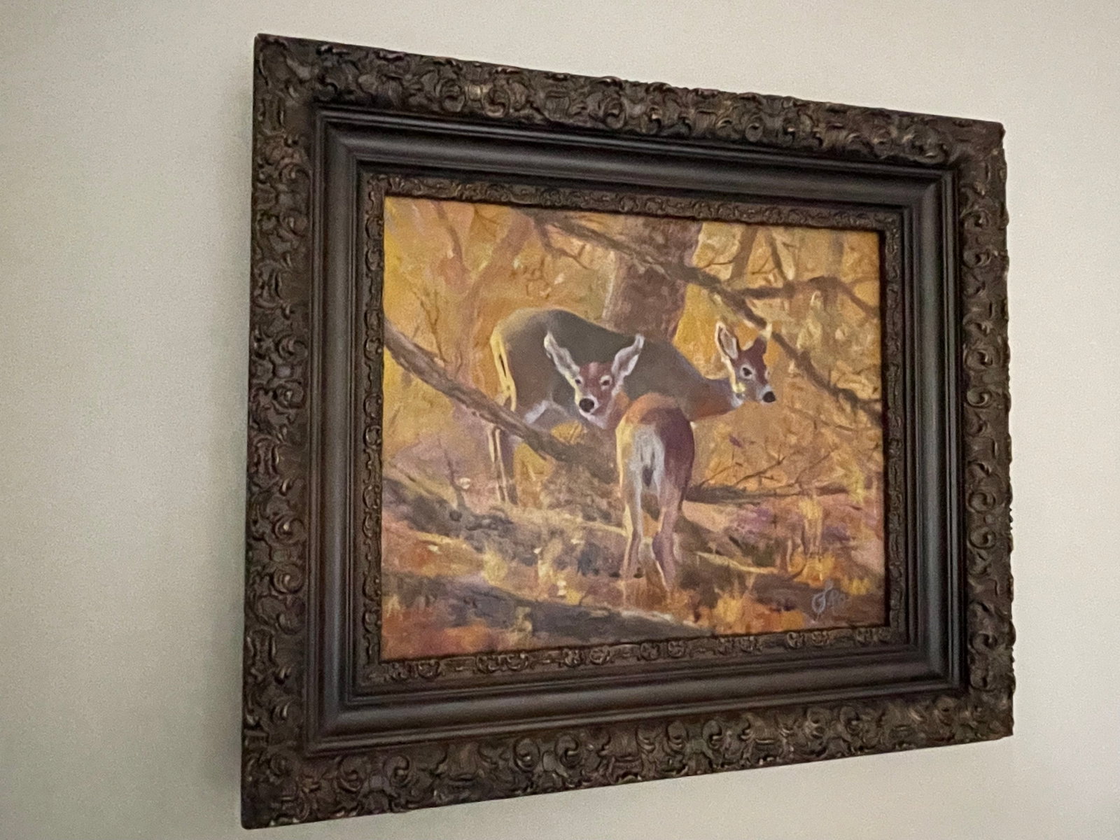Early 20th Century Vintage Signed Doe and Fawn Original Oil Painting, Framed - 4