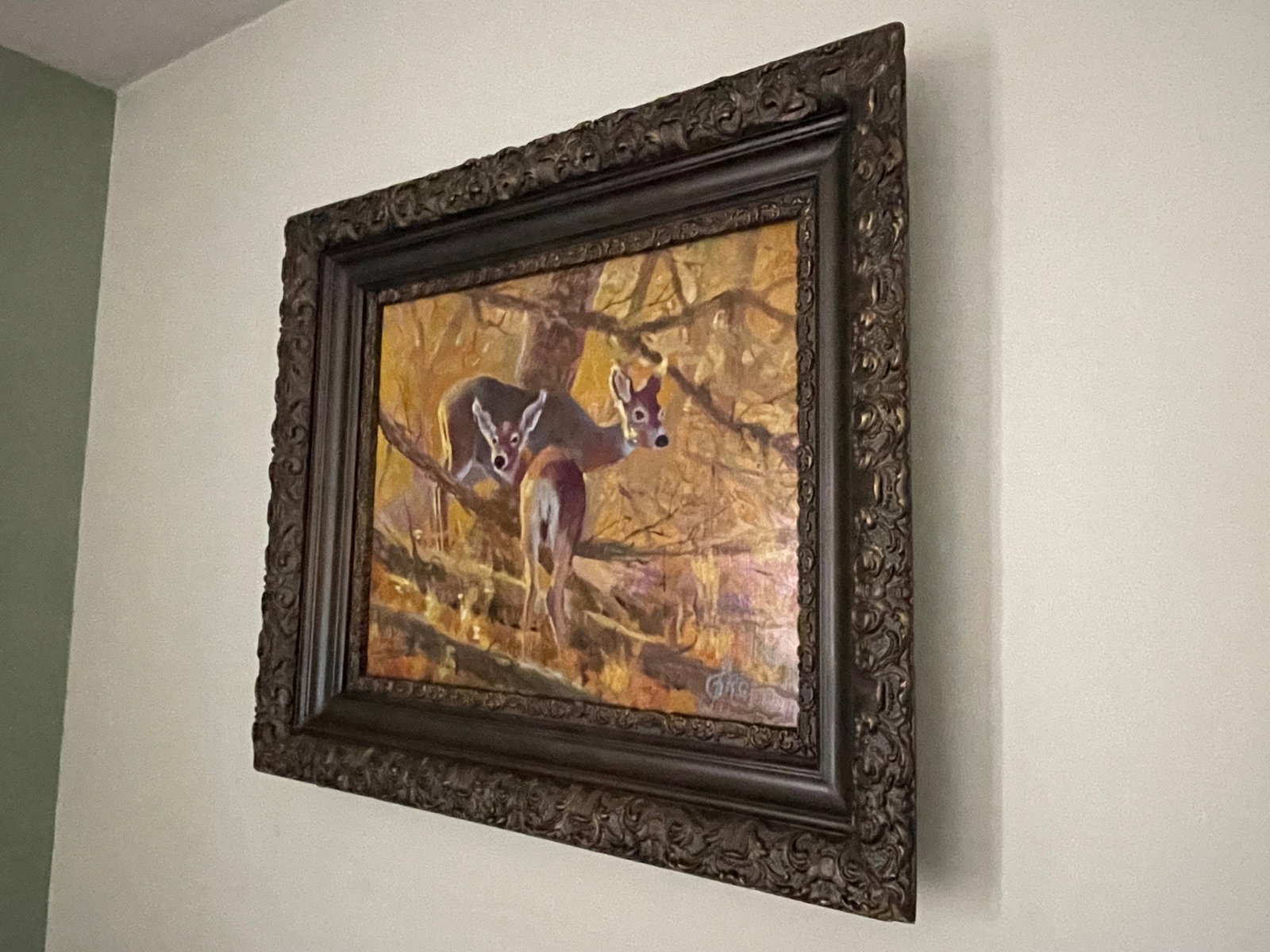 Early 20th Century Vintage Signed Doe and Fawn Original Oil Painting, Framed - 5