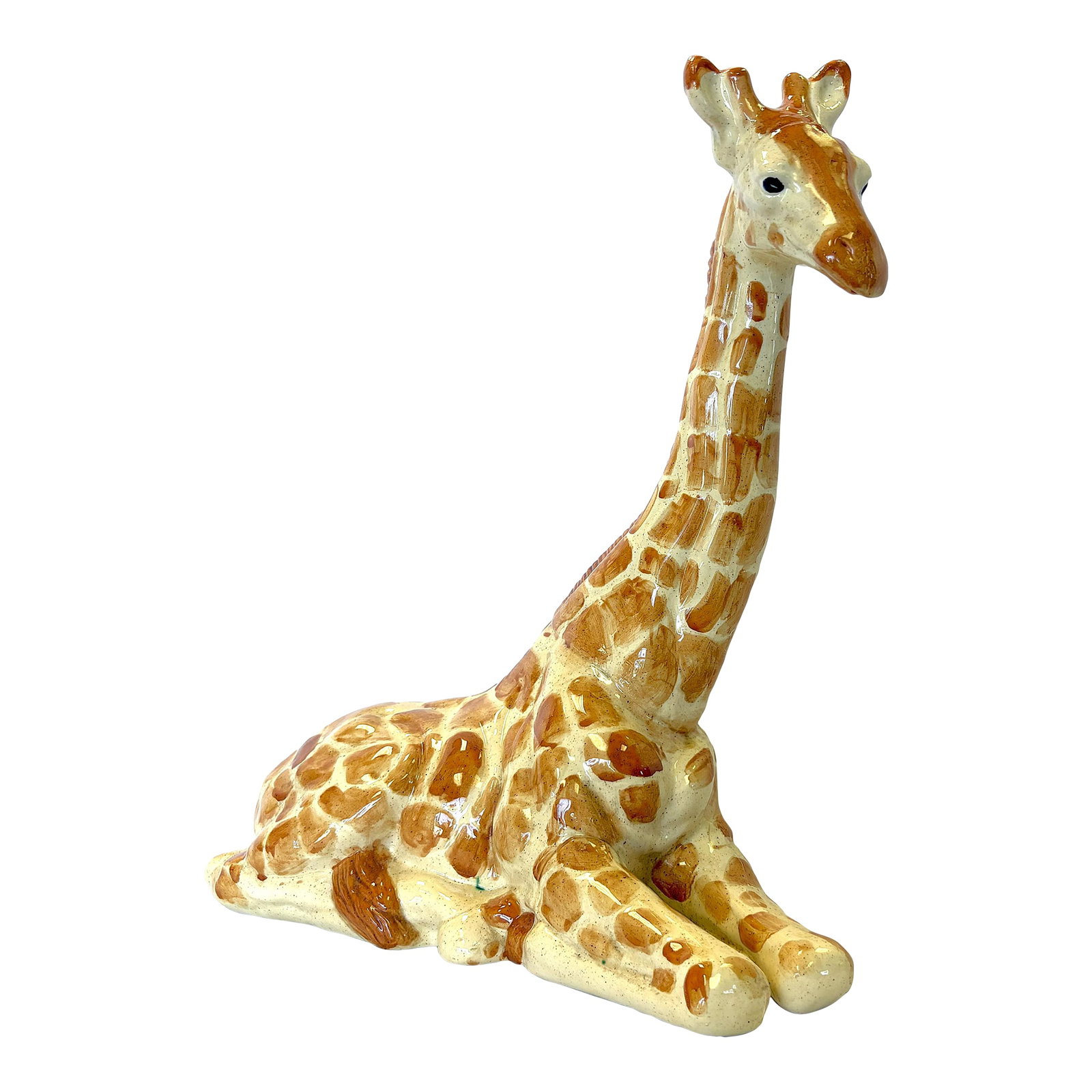 Vintage Resting Giraffe Hand Painted and Signed Italian Ceramic Statue C1991: I love this vintage ceramic statue from 1991. The resting giraffe is made of ceramic and hand painted in shades of white, brown and black with lots of depth and detail. She has the cutest face and