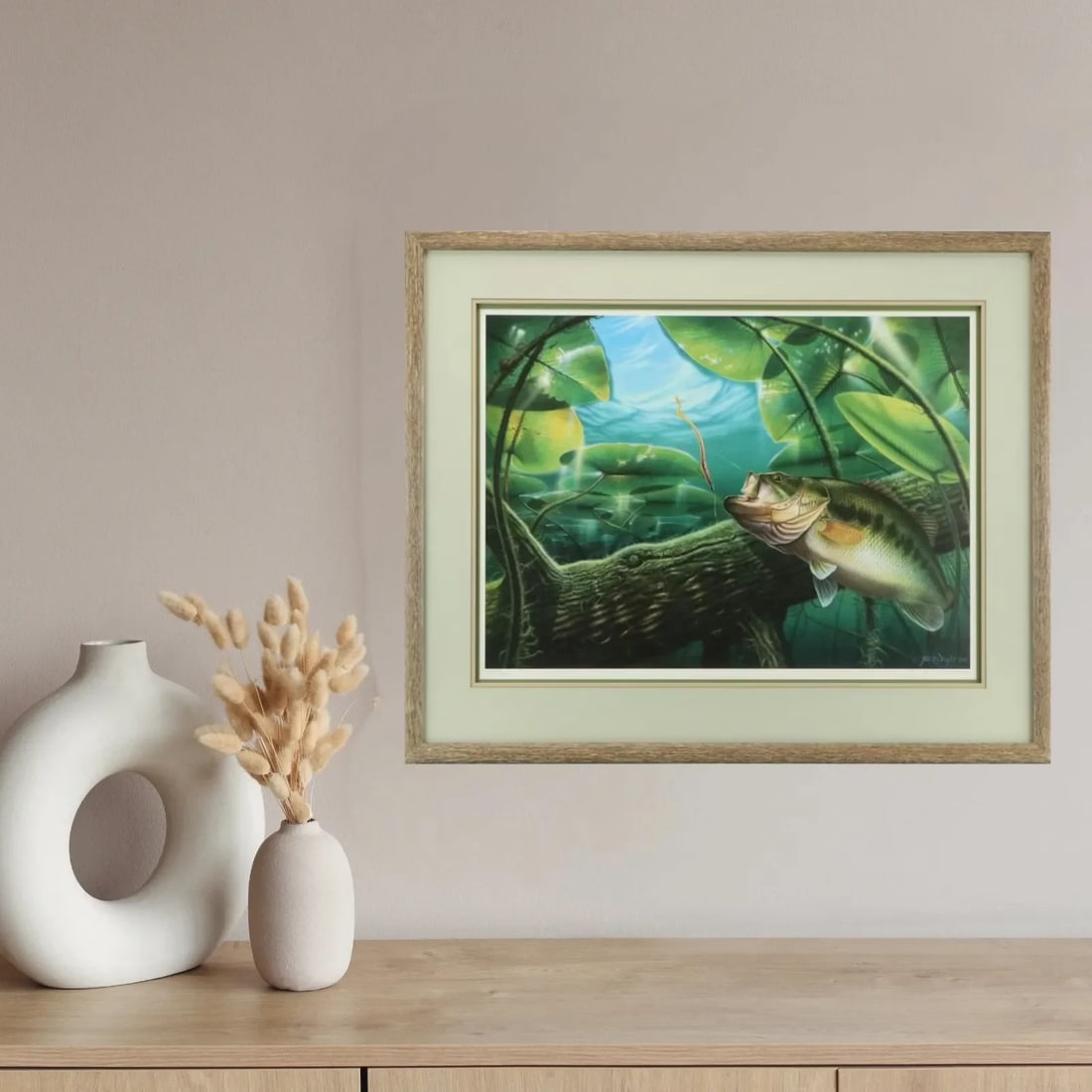 1980s Vintage Fishing Wall Art Jon Q. Wright "Tangled Cover Crappie" Signed/Numbered, Framed - 8