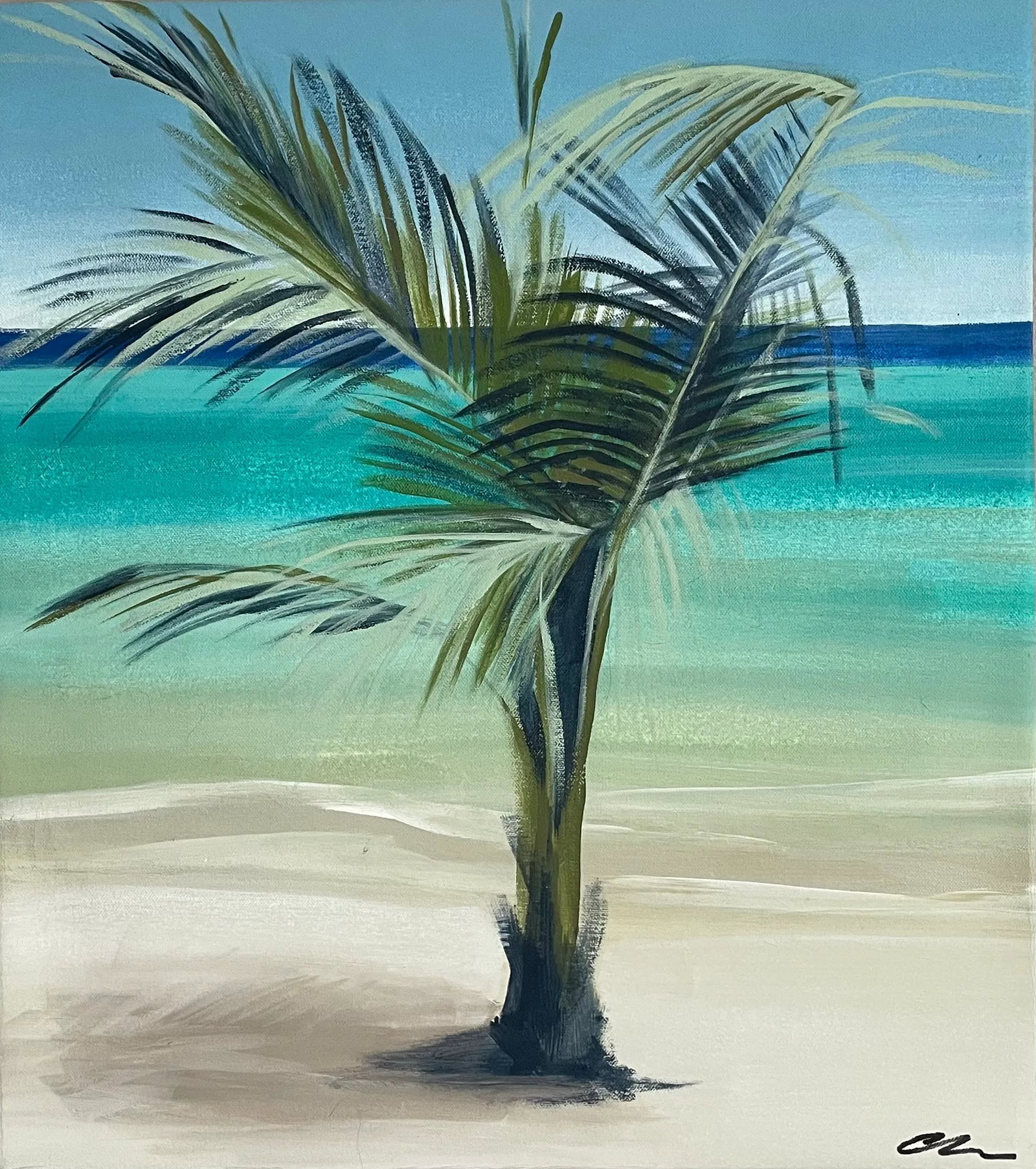 Original Beach Palm Acrylic Painting by Cathe Hendrick: This acrylic painting on canvas remains me of the soft warm wind at the shore in the topics. Condition: Imperfections: No Imperfections Condition Notes: not used Origin: United States Materials &
