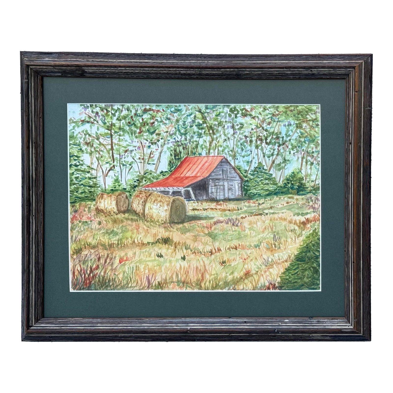 Original Watercolor Pastoral Painting of a Red Roof Barn and Hay Bales: Original watercolor pastoral painting of a red roof barn and hay bales by artist Maryann Jengehino, dated 2011. Vintage frame, under glass with new professional matting, backing, and wiring. Measures