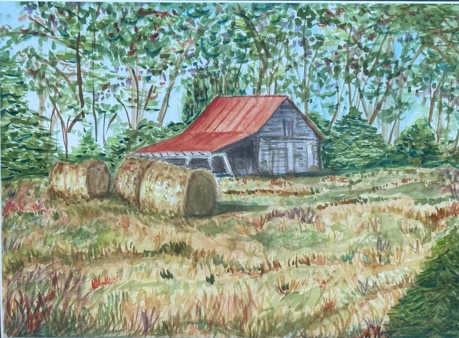 Original Watercolor Pastoral Painting of a Red Roof Barn and Hay Bales - 2