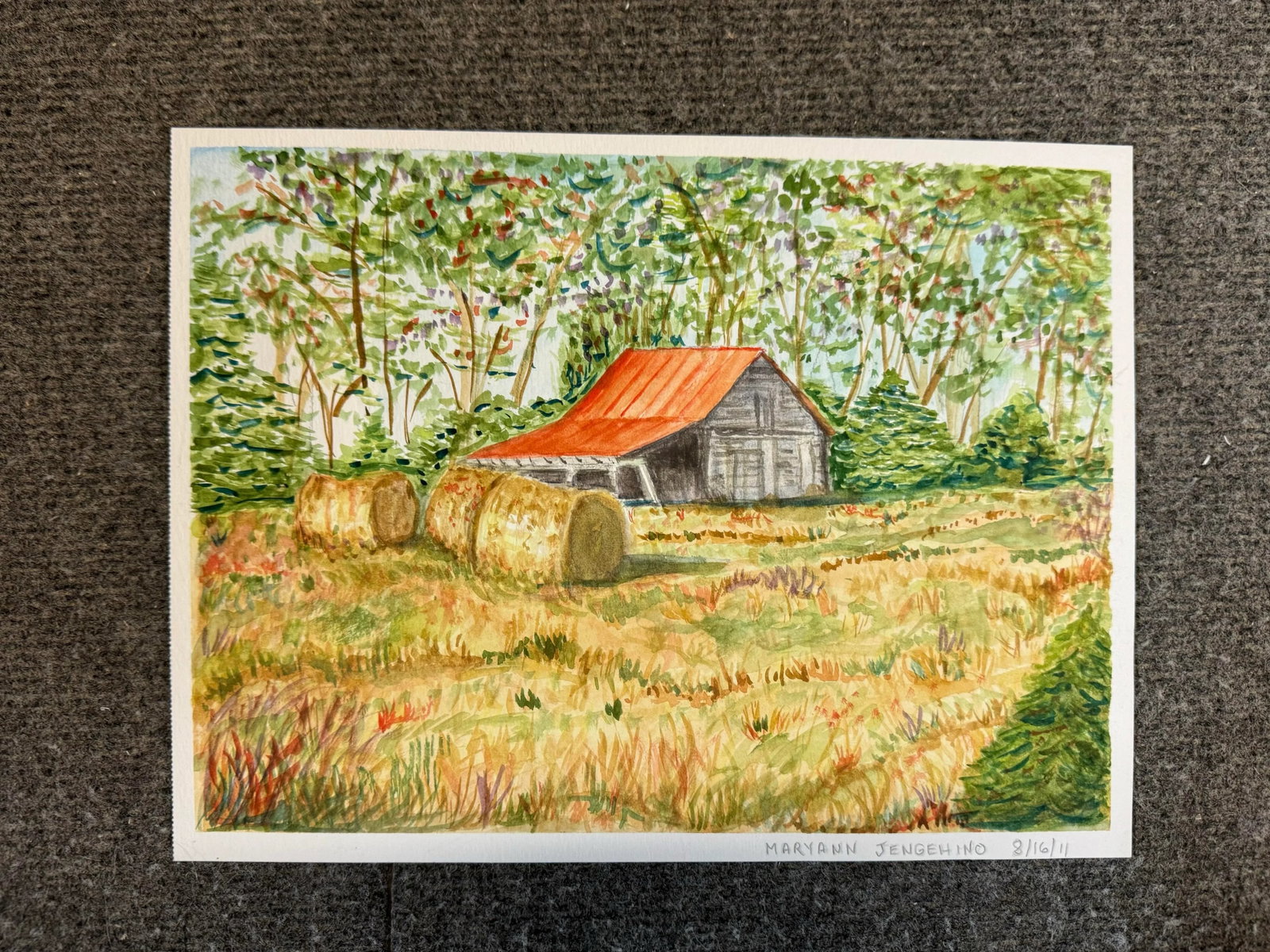 Original Watercolor Pastoral Painting of a Red Roof Barn and Hay Bales - 4