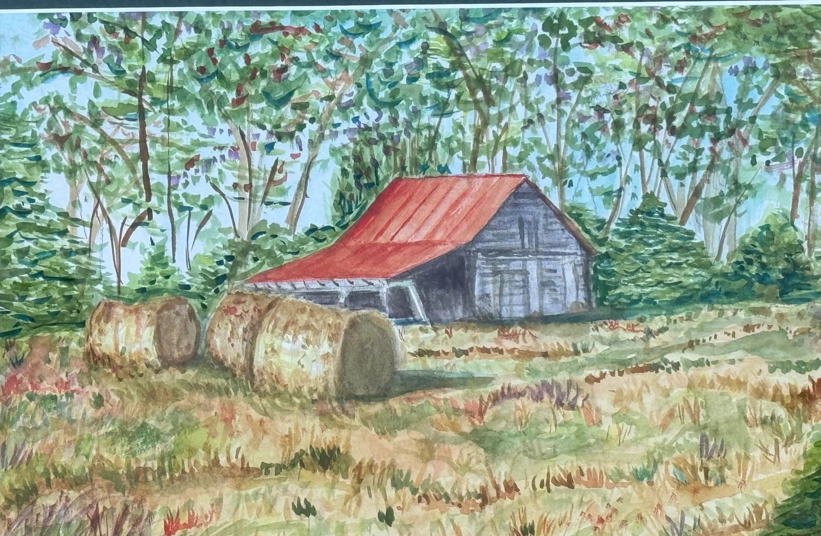 Original Watercolor Pastoral Painting of a Red Roof Barn and Hay Bales - 5