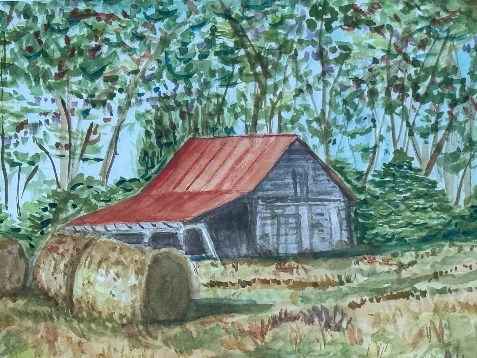 Original Watercolor Pastoral Painting of a Red Roof Barn and Hay Bales - 6