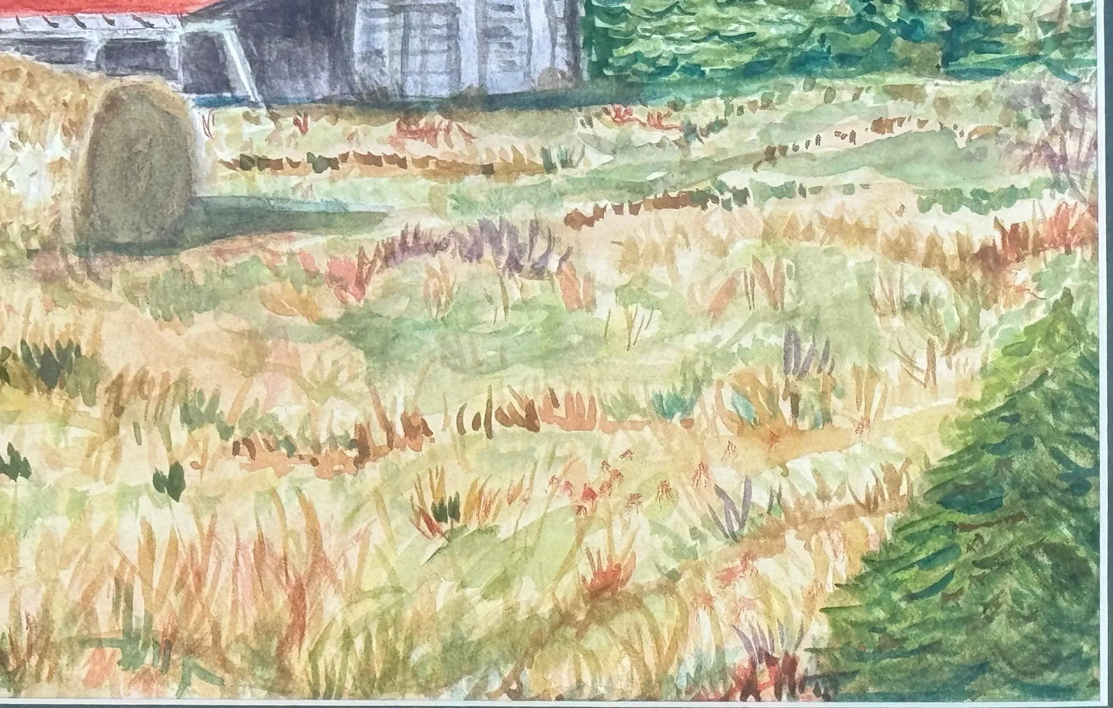 Original Watercolor Pastoral Painting of a Red Roof Barn and Hay Bales - 7