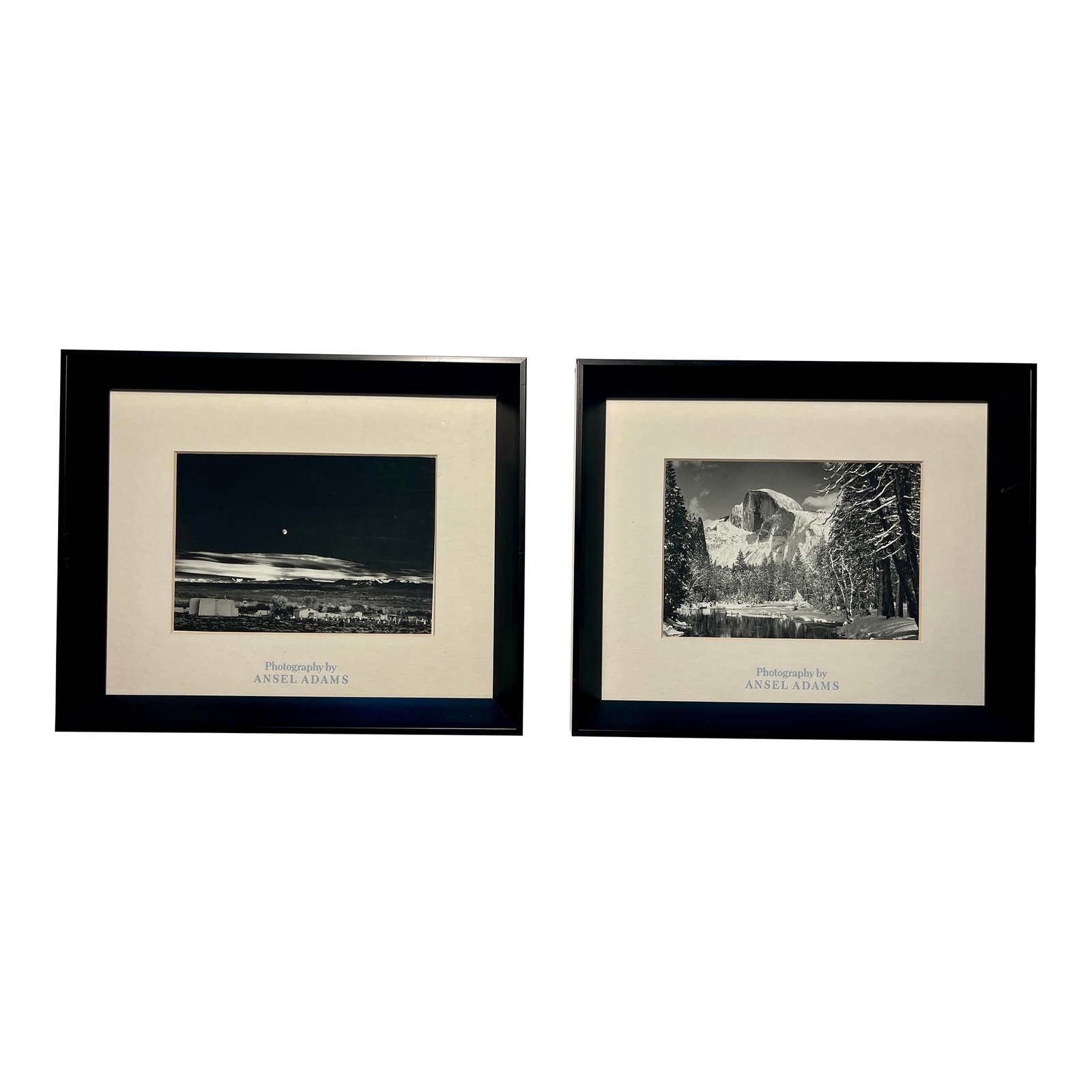 1960s Set of 2 Ansel Adams Half Dome, Yosemite & Moonrise, Hernandez, Nm Photographs, Framed: Set of 2 Ansel Adams Half Dome, Merced River, Yosemite & Moonrise, Hernandez, NM Photographs 1. Half Dome, Merced River, Winter - Yosemite 2. Moonrise, Hernandez, New Mexico Aprox. dimensions: