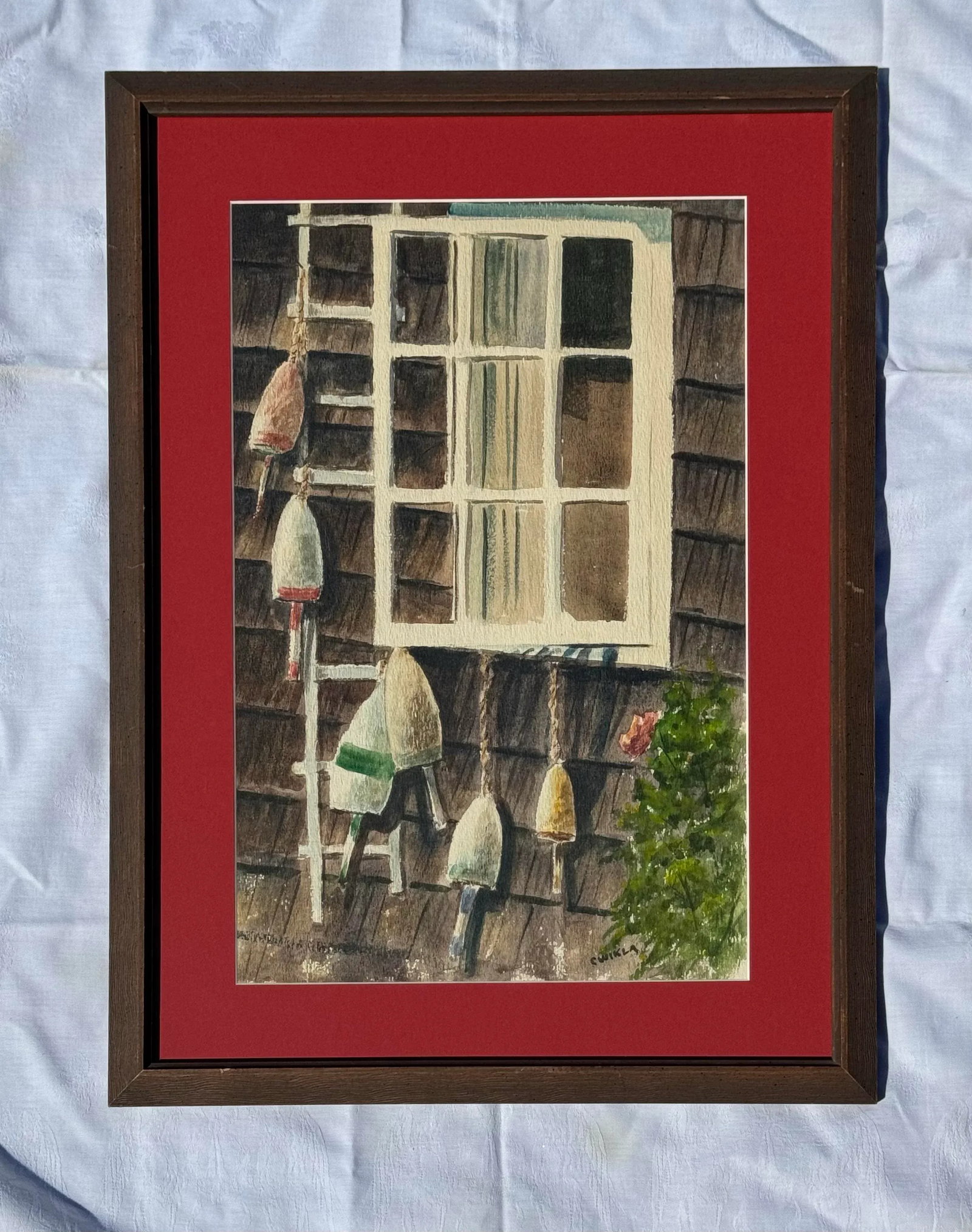 Original Watercolor Coastal Scene of a Shaker Shingle Cottage and Bouys - 10