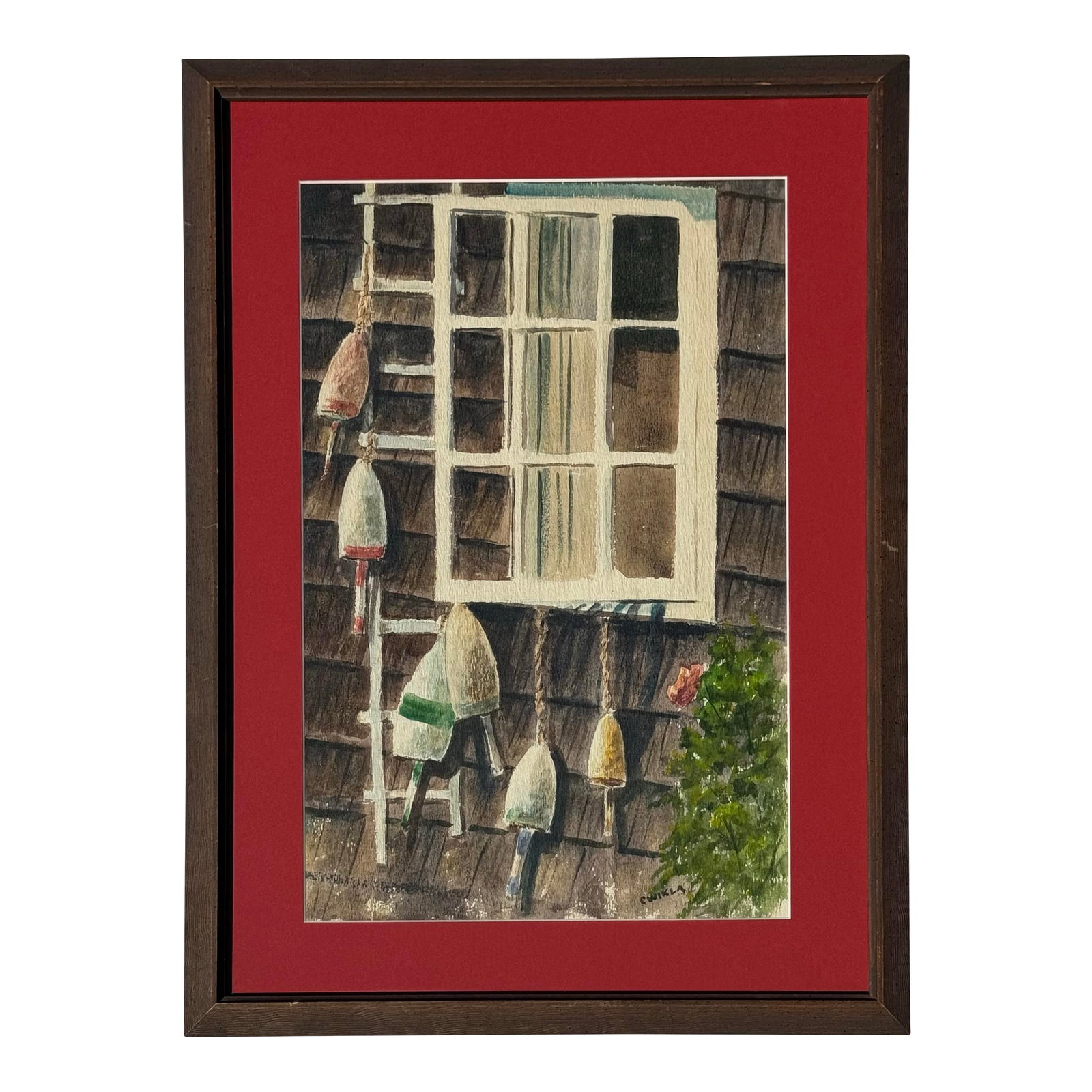 Original Watercolor Coastal Scene of a Shaker Shingle Cottage and Bouys: Original coastal watercolor rendering of a shaker shingle cottage and buoys. Original frame with new matting, backing and wiring. Signed by the artist. Measures 23 1/4" x 16 3/4" x 3/4". Offered at $2