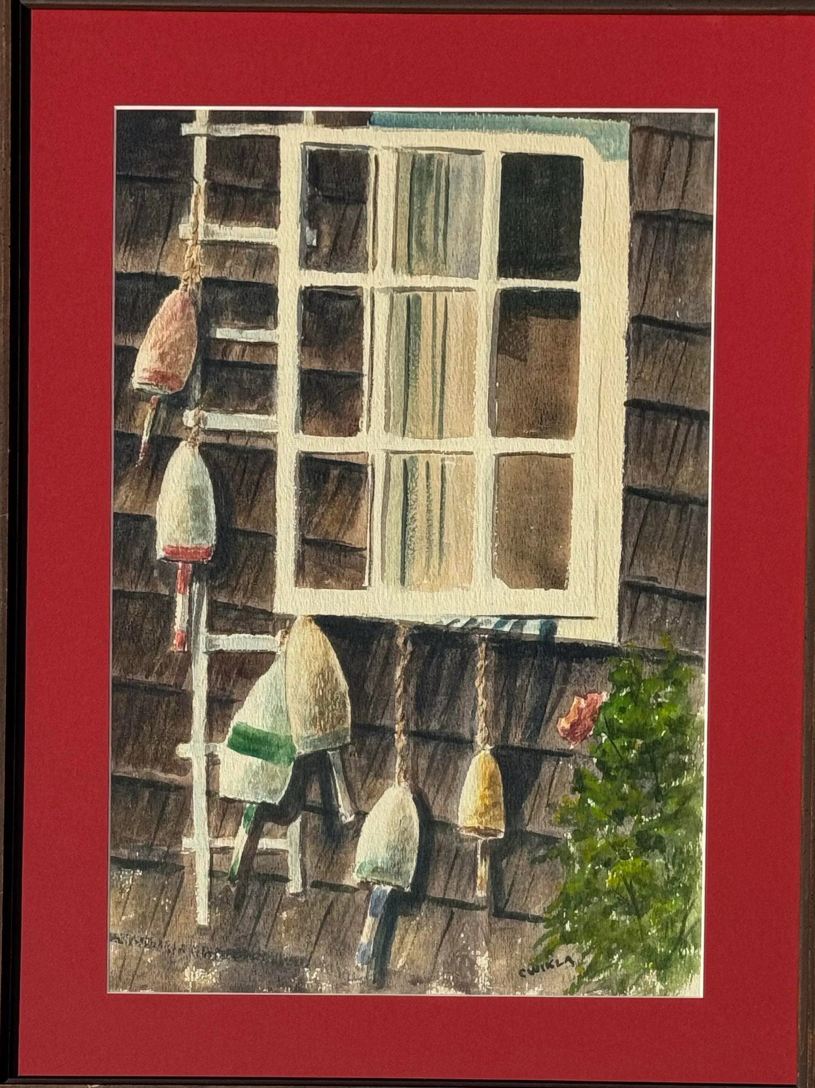 Original Watercolor Coastal Scene of a Shaker Shingle Cottage and Bouys - 2