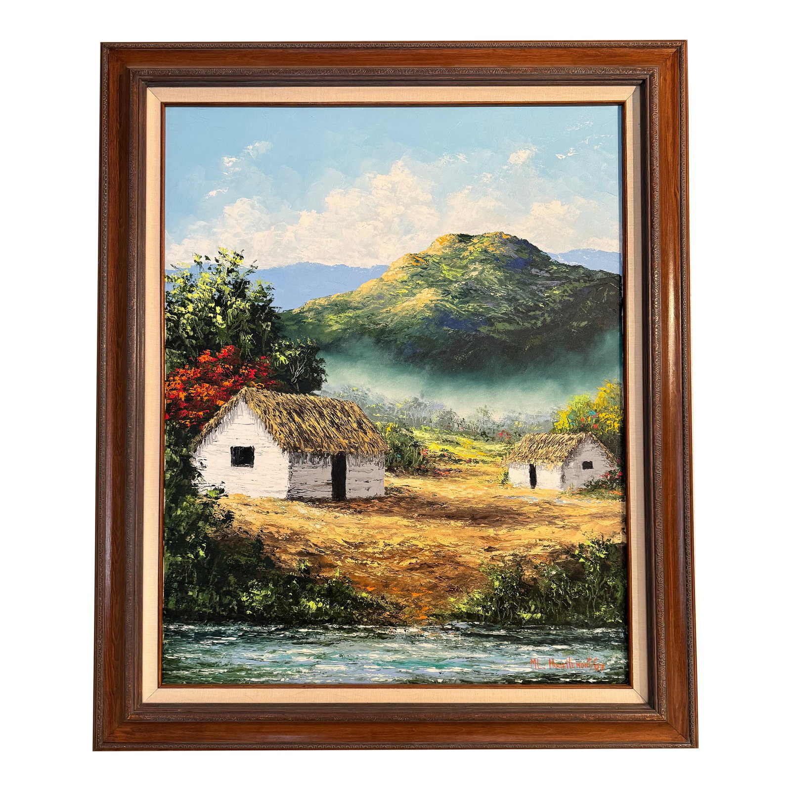 Mountain Tranquility Landscape: The painting captures the essence of the Impressionist movement, emphasizing a a vibrant landscape of two small, thatched roof houses nestled in a rural setting. The oil painting features a prominent