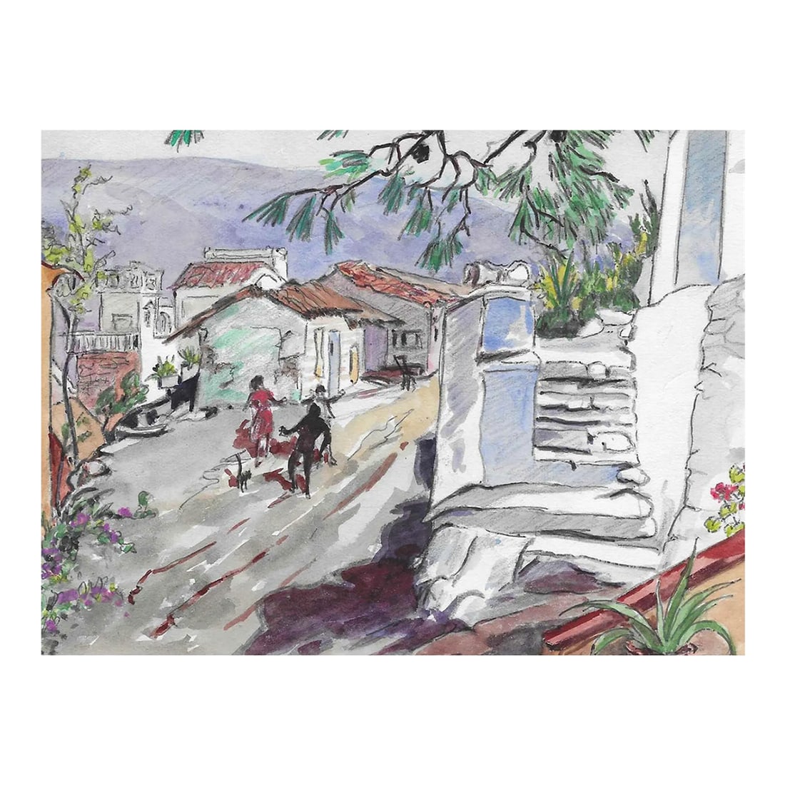 1950s Ivy Attwell Greek Watercolor: Painting by English artist Ivy Attwell (1895-1985). Attwell traveled extensively all over the world and recorded her travels from the 1950s until about 1980. Watercolor on paper, unsigned. Condition: 