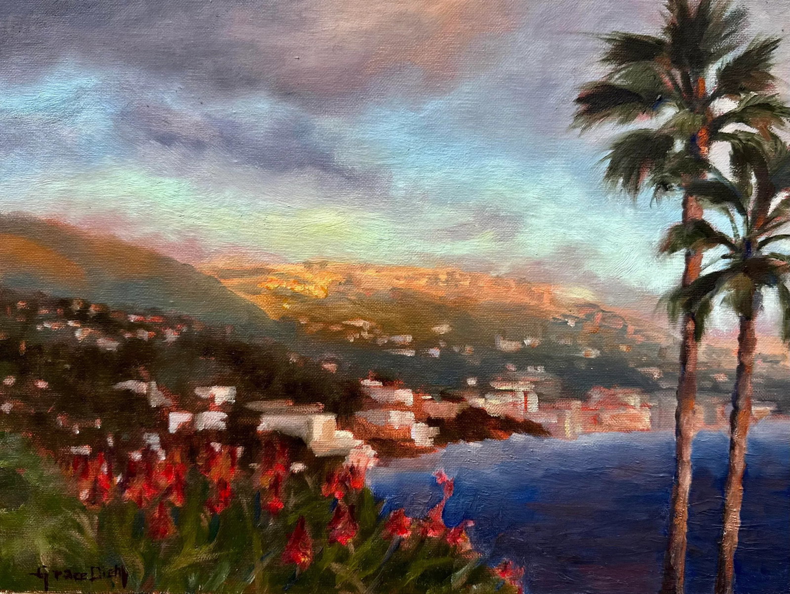Original Fine Art Painting - Laguna Moonlight Sparkle: Laguna at sunset captures the tranquil beauty of a sun-kissed evening. As the sun gracefully descends, it bathes the landscape in a warm, golden embrace, casting a mesmerizing array of hues across the