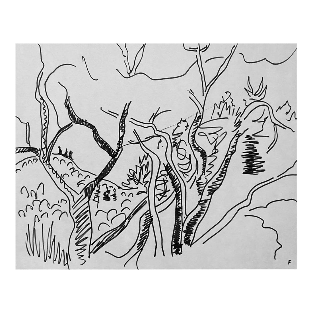 1960s Frank Wallace Landscape Drawing: Forest drawing by Vermont artist Frank Wallace (1915/18-2003). Wallace was born in Toledo, Ohio and grew ip in Massachusetts attending Phillips Academy and Amherst College. He studied at the