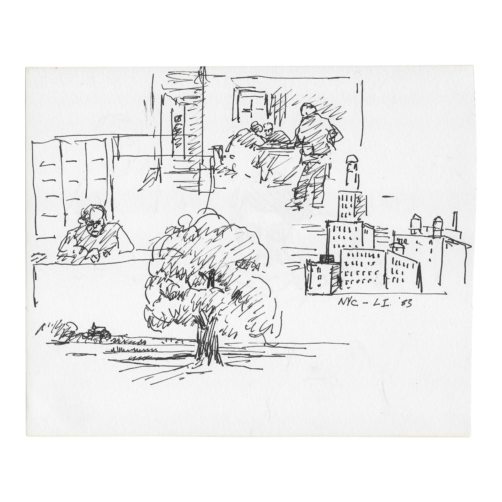 1983 Hayward Cirker New York Long Island Drawing: From the estate of Hayward Cirker (1917-2000) founder of Dover Publications. Cirker sketched frequently during his travels and weekend vacations. Portrait drawings on the back. Dated and location