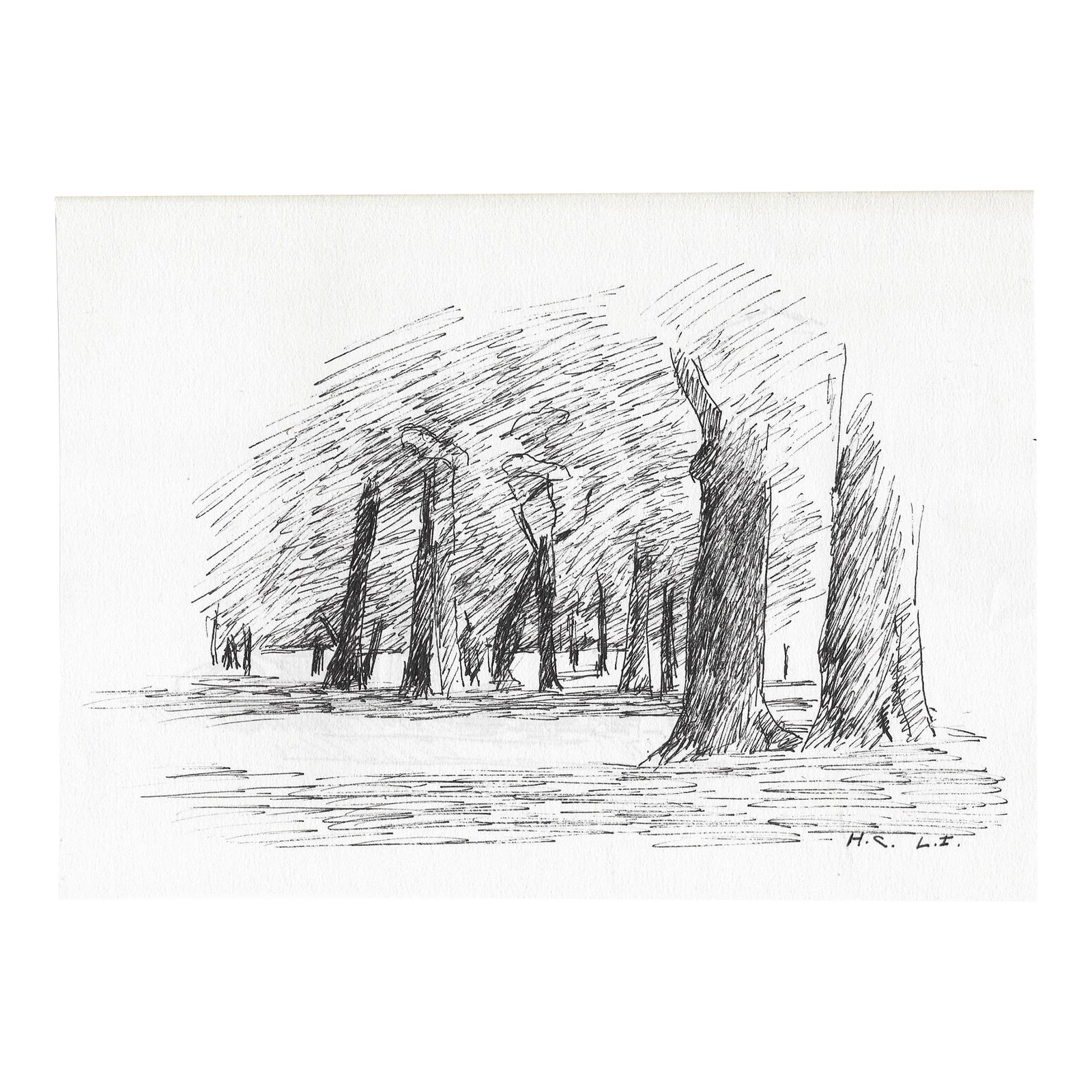 1970s Hayward Cirker Long Island New York Drawing: From the estate of Hayward Cirker (1917-2000) founder of Dover Publications. Cirker sketched frequently during his travels and weekend vacations. Industrial sketch on the back. Initialed and location