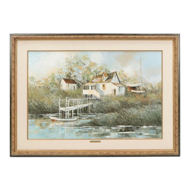 Albert Swayhoover Original Signed Coastal Home Landscape Oil Painting 1968, Framed: In this lovely vintage original oil painting by Florida artist Albert Swayhoover, a small coastal home rests among tall grasses and a wooden boat dock in a quiet waterway inlet. Albert Swayhoover,