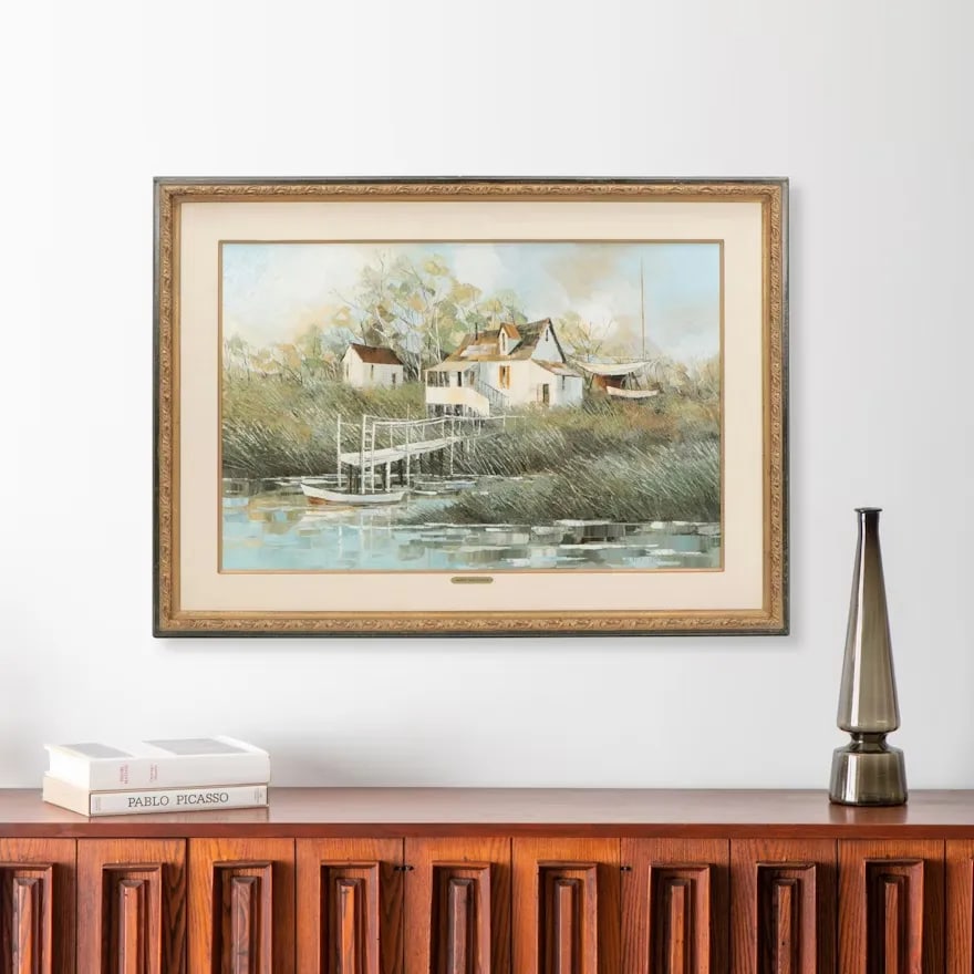 Albert Swayhoover Original Signed Coastal Home Landscape Oil Painting 1968, Framed - 2