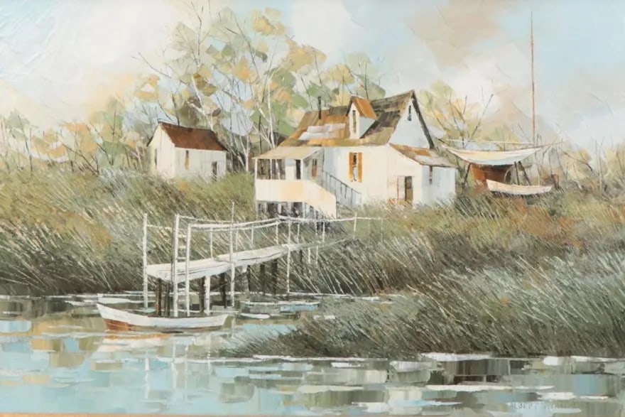 Albert Swayhoover Original Signed Coastal Home Landscape Oil Painting 1968, Framed - 3