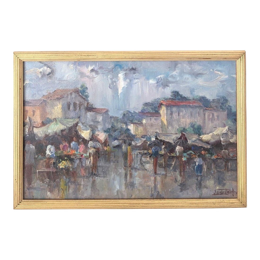 Late 20th Century Vintage J Gabetto Original Oil on Canvas Rio Market Scene Painting: Original oil painting depicting a vibrant Rio market scene with colorful umbrellas. This vintage piece by J Gabetto showcases the charm of mid-century modern art, perfect for collectors or art